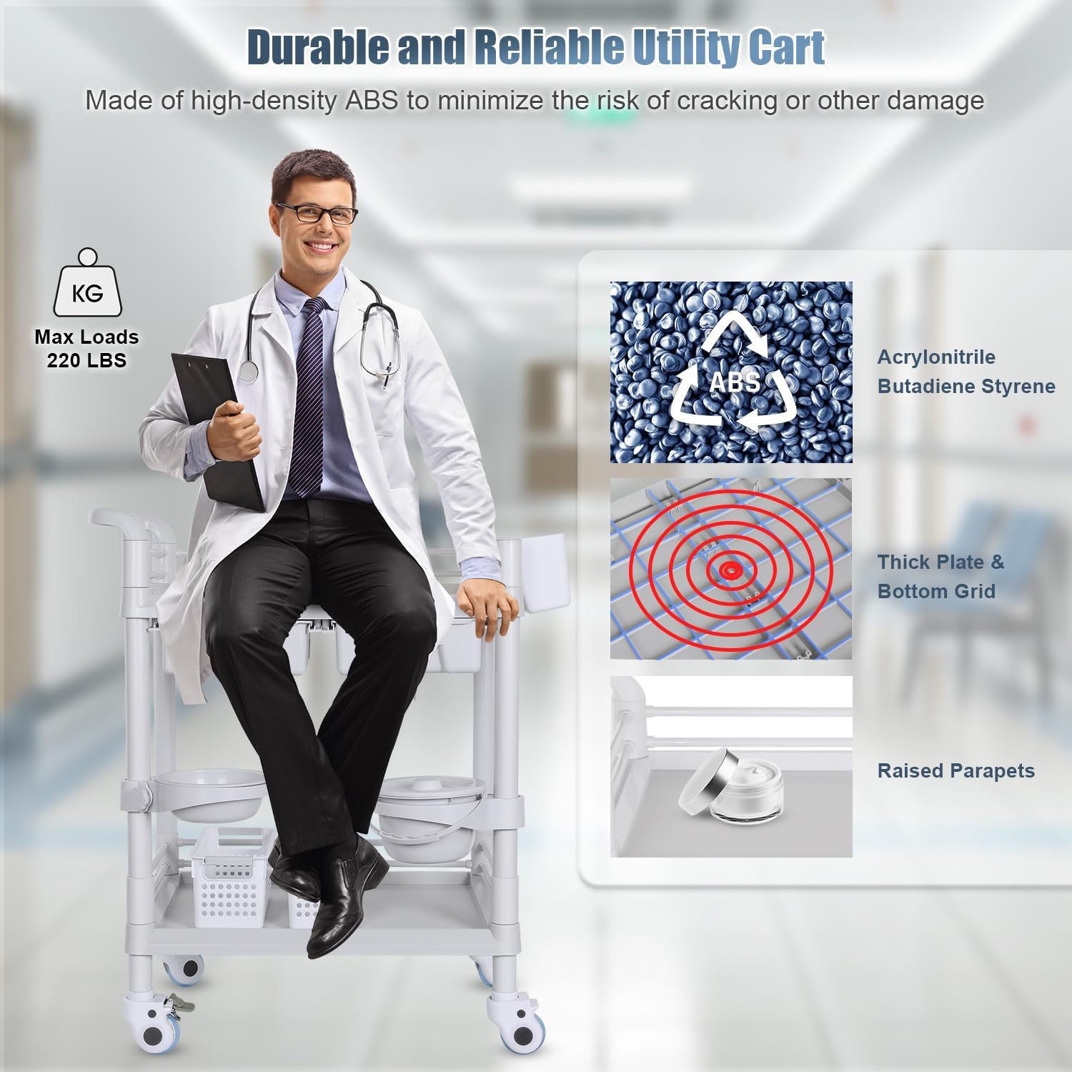 Medical Carts with Wheels 2 Tier Mobile Esthetician Cart 220 LBS Load Hospital Trolley Cart for Ultrasound Scanner Utility Cart with Bucket Sharp Box Storage Basket for Beauty Salon Dental Clinic Home