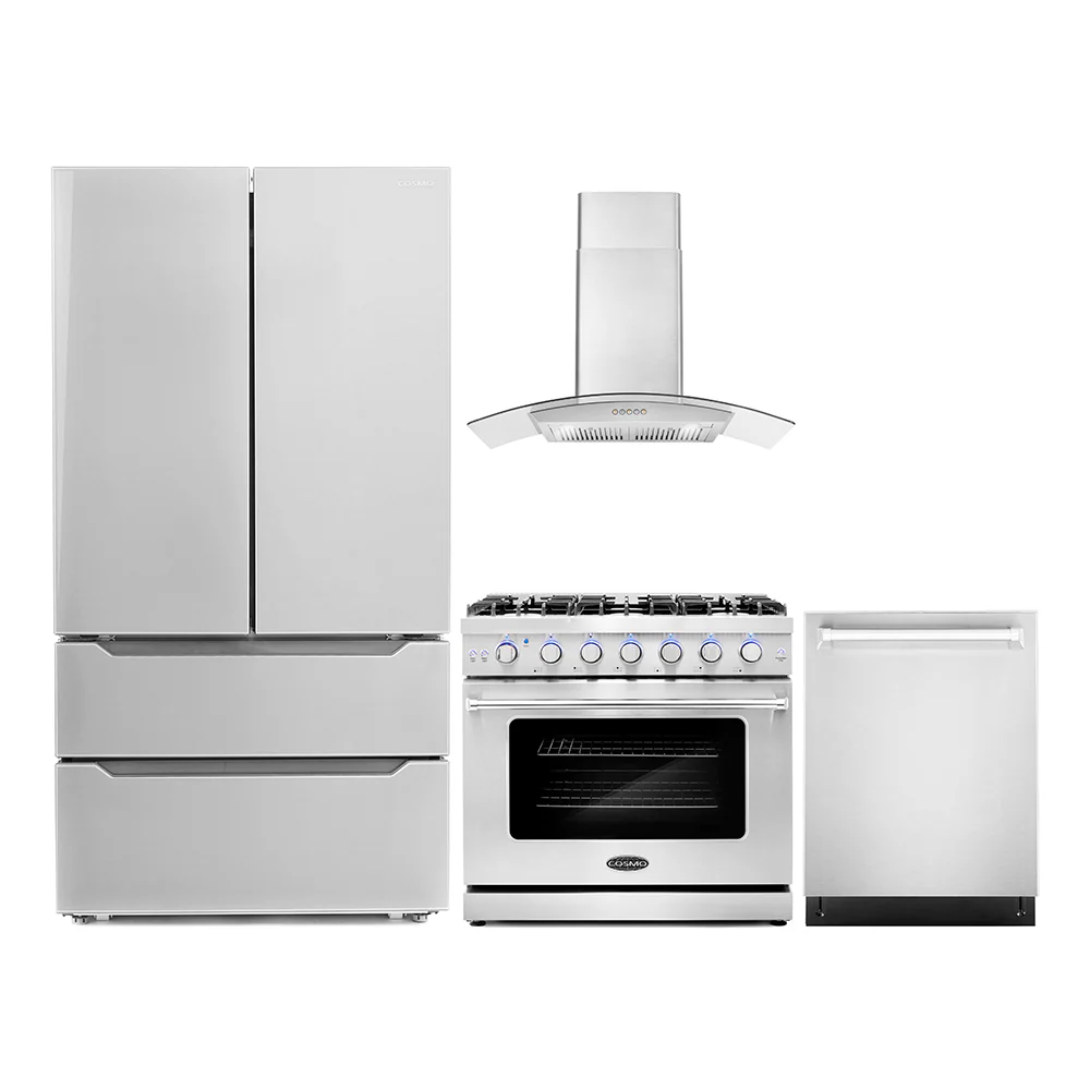 Cosmo 4-Piece Appliance Package - 36-Inch Gas Range, Wall Mount Range Hood, Dishwasher and Refrigerator in Stainless Steel (COS-4PKG-112)