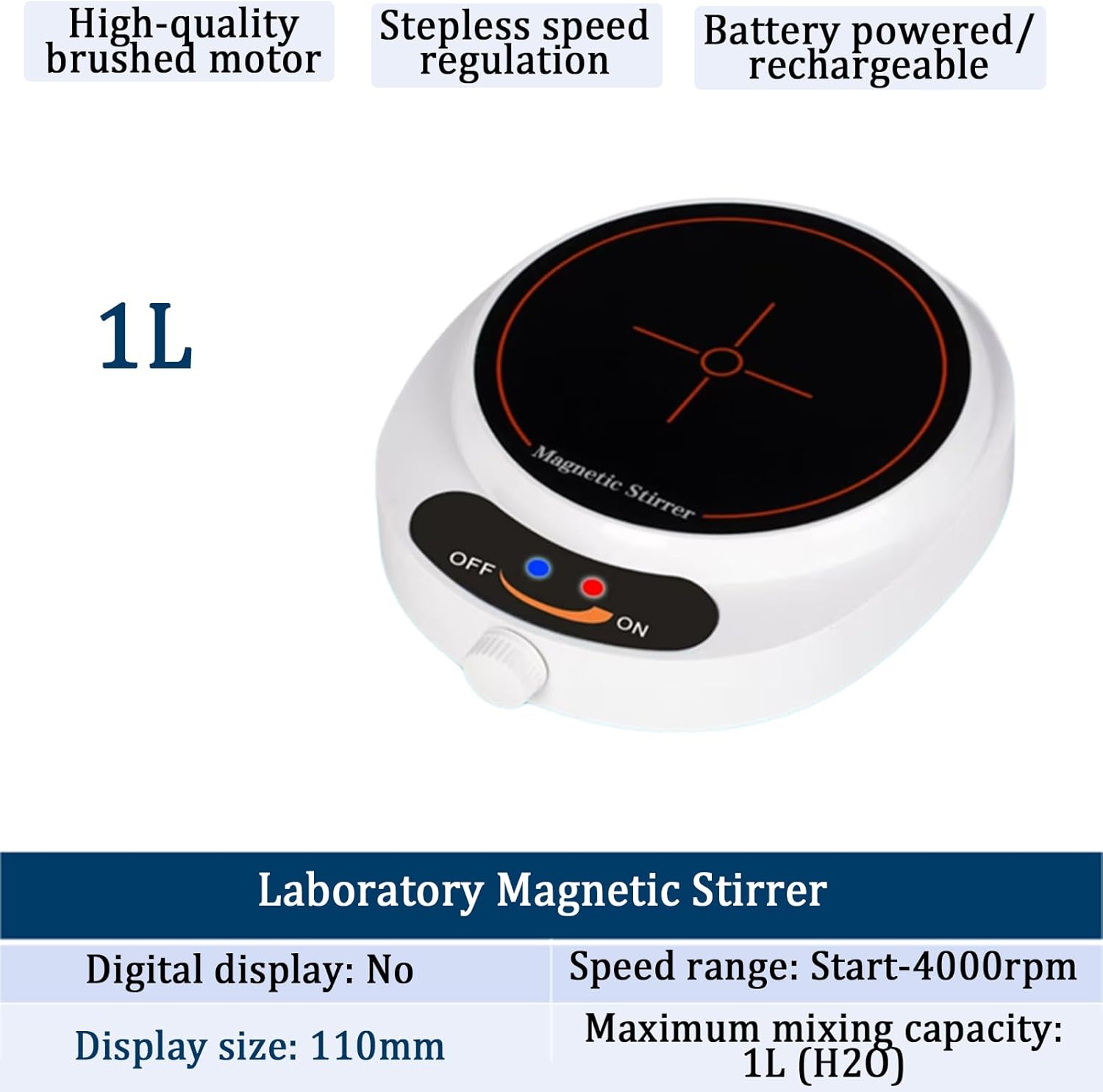 4.3in Laboratory Magnetic Stirrer, 1L Mini Mixing Table, Adjustable Speed, Speed 4000 RPM, USB Power Supply, for Lab and Homebrew