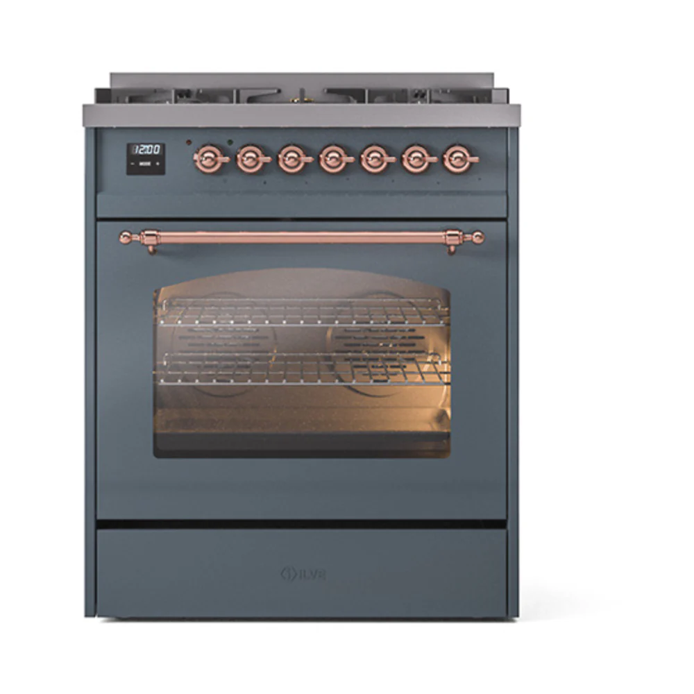 ILVE Nostalgie II 30-Inch Dual Fuel Freestanding Range in Blue Grey with Copper Trim (UP30NMPBGP)