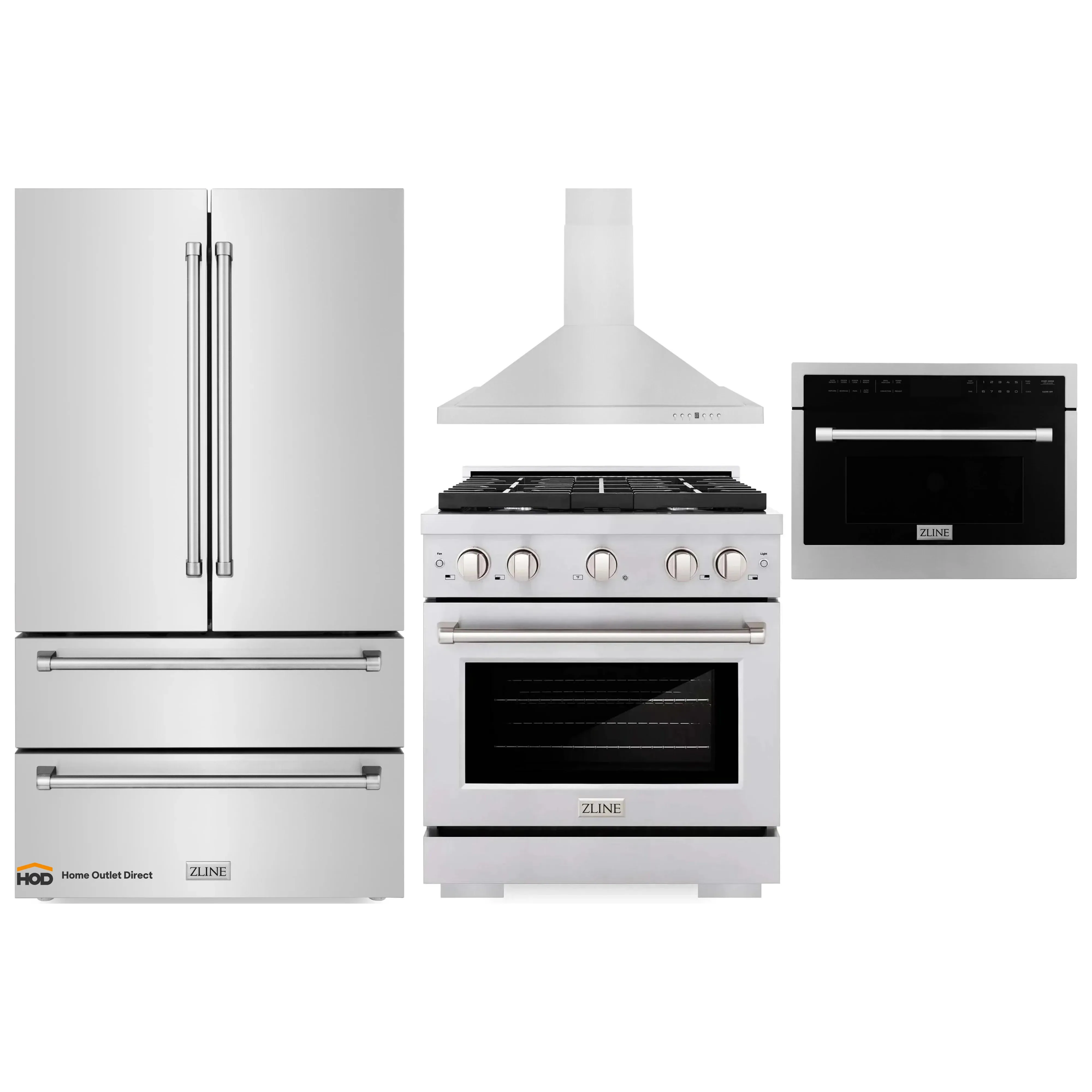 ZLINE 4-Piece Appliance Package - 30-Inch Gas Range, Refrigerator, Convertible Wall Mount Hood, and Microwave Oven in Stainless Steel (4KPR-SGRRH30-MO)