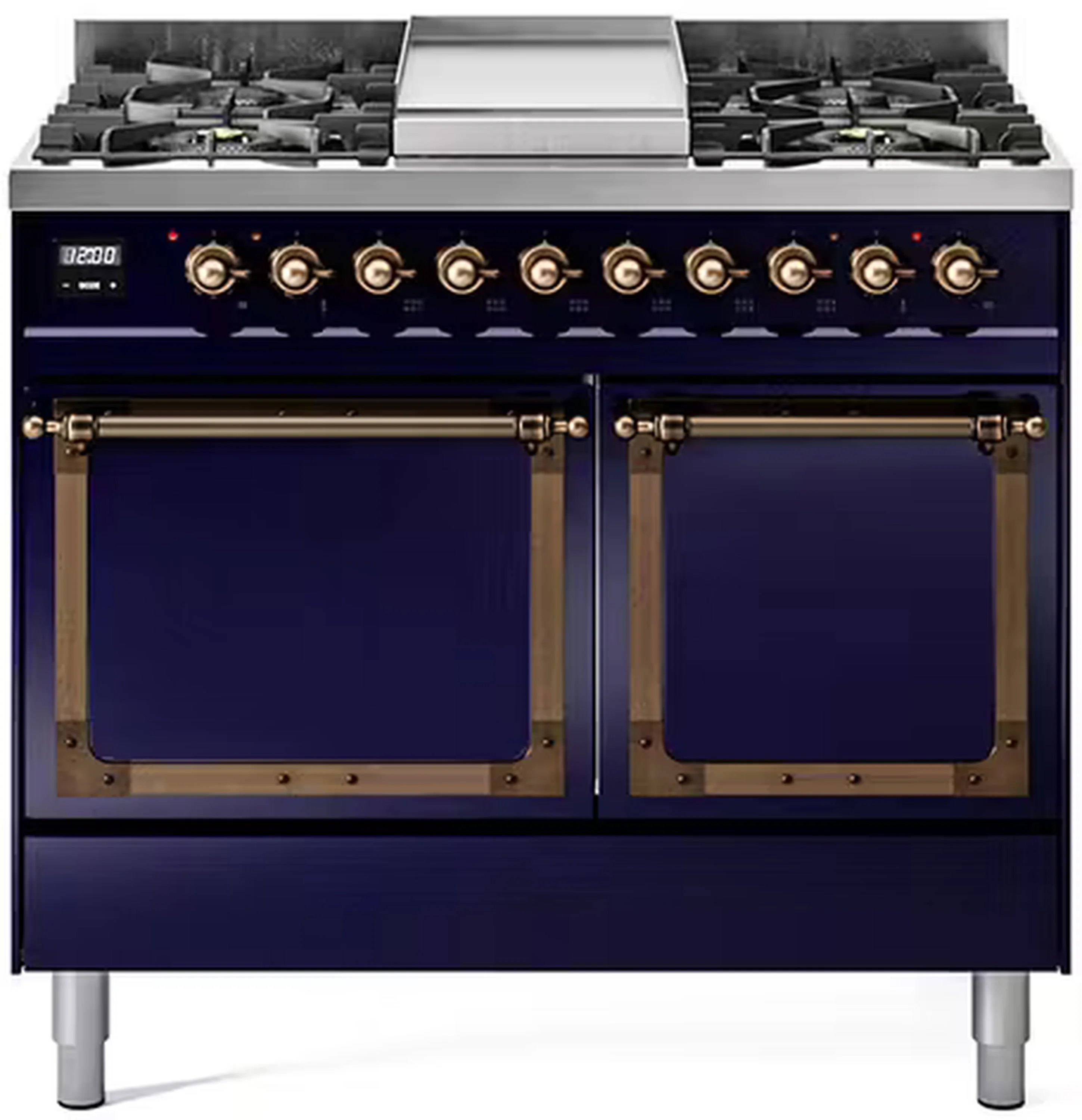 ILVE 40-Inch Nostalgie II Noblesse Dual Fuel Range with Solid Door Oven in Midnight Blue with Bronze Trim (UND40FQNMPMBB)