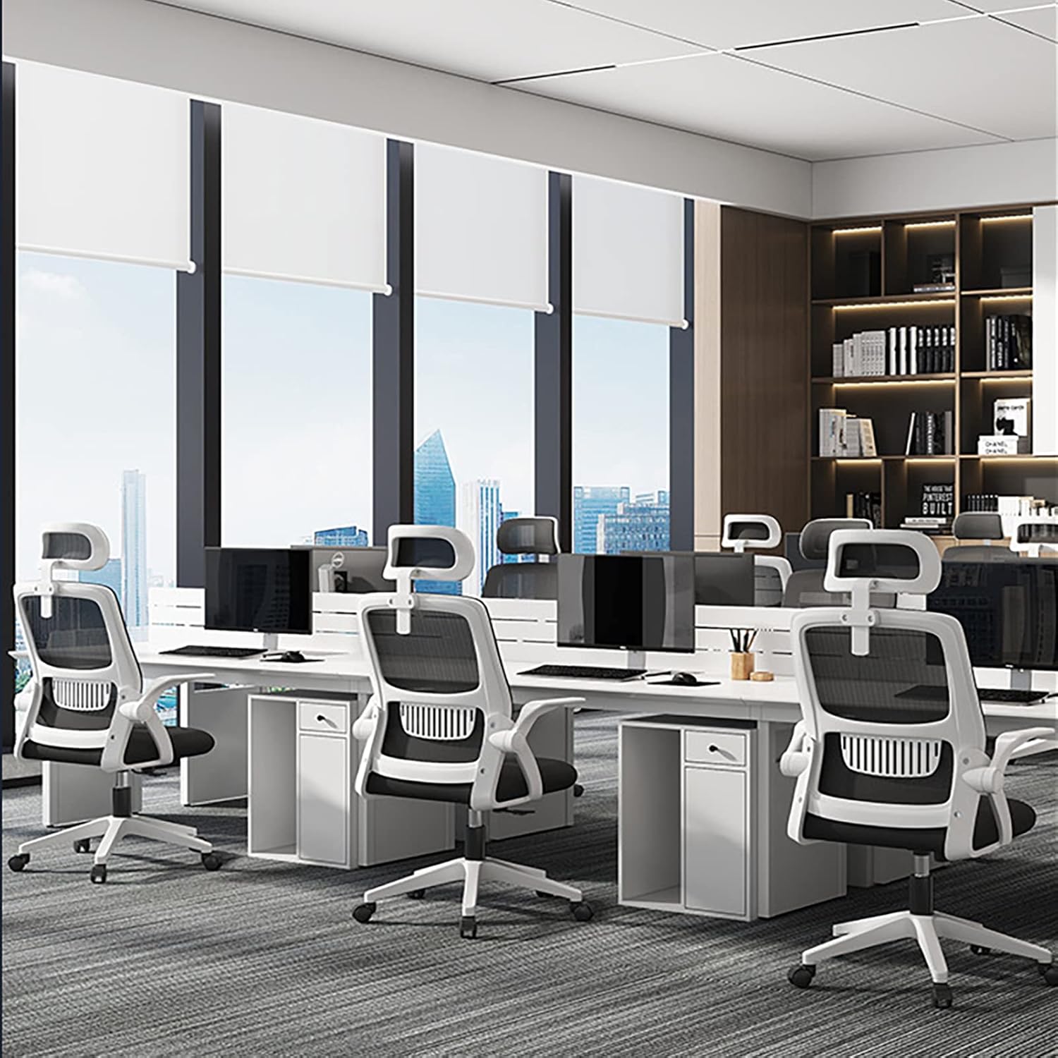 Office Chair Ergonomic Lumbar Support, High Back Mesh Computer Chair, Office Desk Chair Comfy, with Flip-up Arms, Adjustable Headrest, 360° Swivel, for Living Room, Bed(B