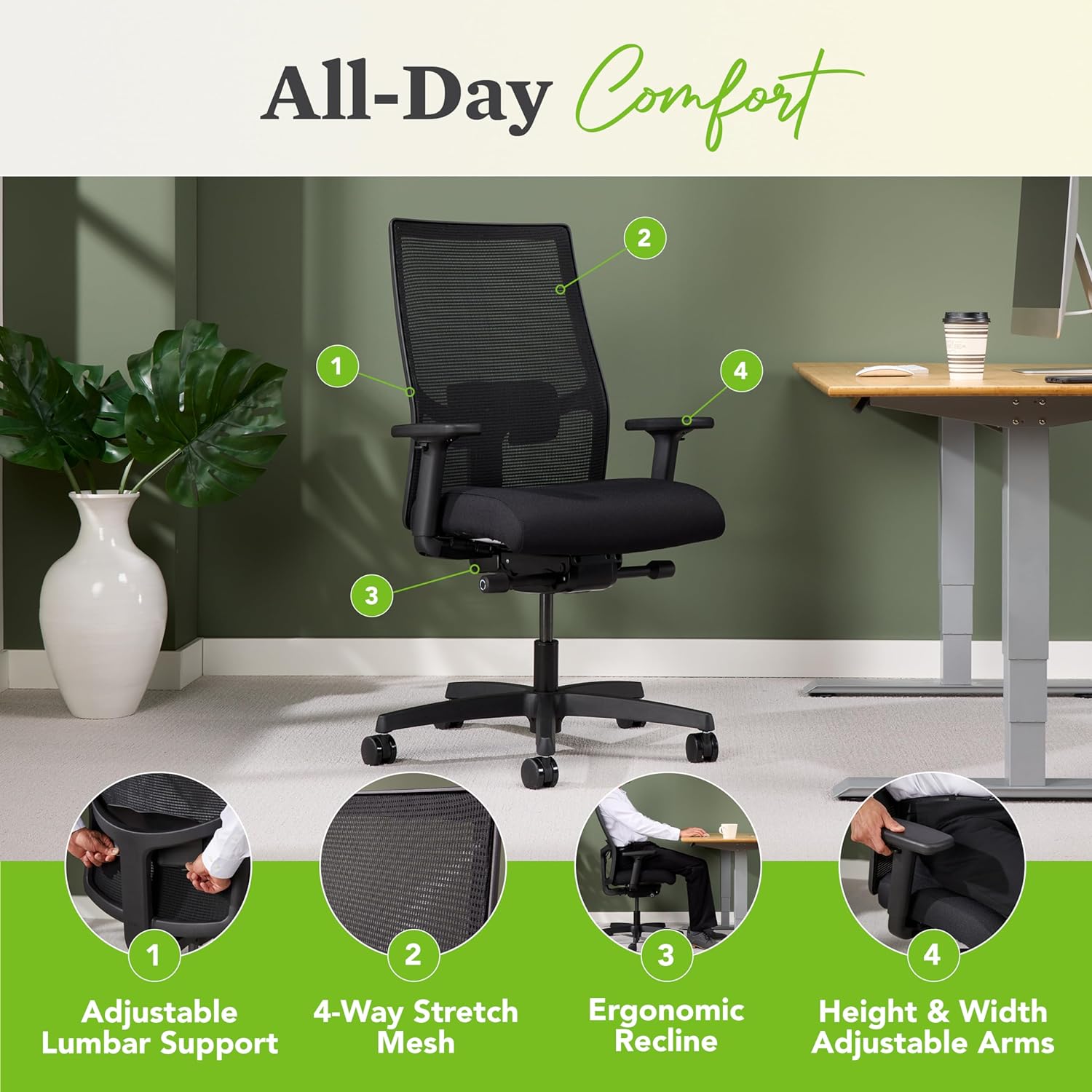 HON Ignition 2.0 Mid Back Task Chair, Spectrum Mesh, Advanced Synchro-Tilt Control, Office Chair with Lumbar Support, Height and Width Adjustable Arms, Titanium Frame, Onyx