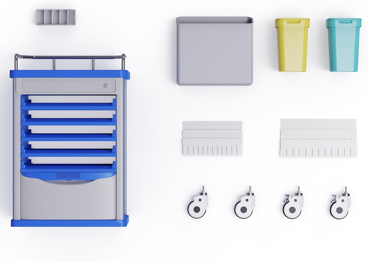 Medication Bins Cart with 200 Bins and Drawer - Dual-Sided Open, 50 Medicine Boxes, Silent Casters, Movable Container, 2 Trash Bin-Medical Crash Cart for Clinic, Hospital and Lab, Factory