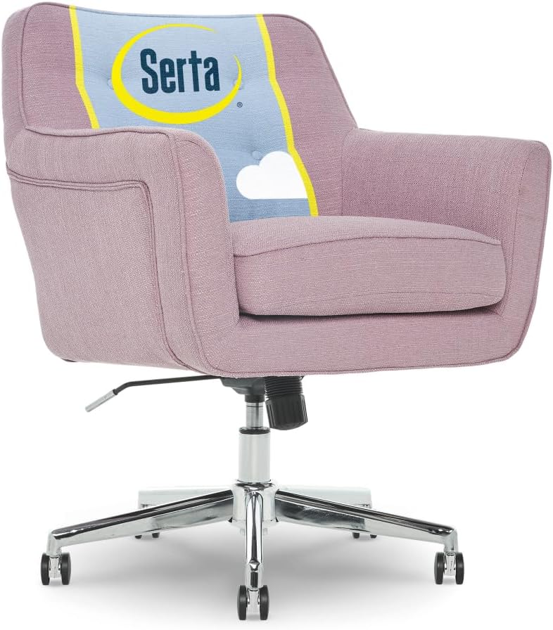 Serta Ashland Home Office Desk Chair with Button Tufted Mid-Back, Memory Foam Cushion and Padded Arms, Mid Century Modern Vanity Armchair with Wheels for Bedroom, Chrome Metal Base, Lilac