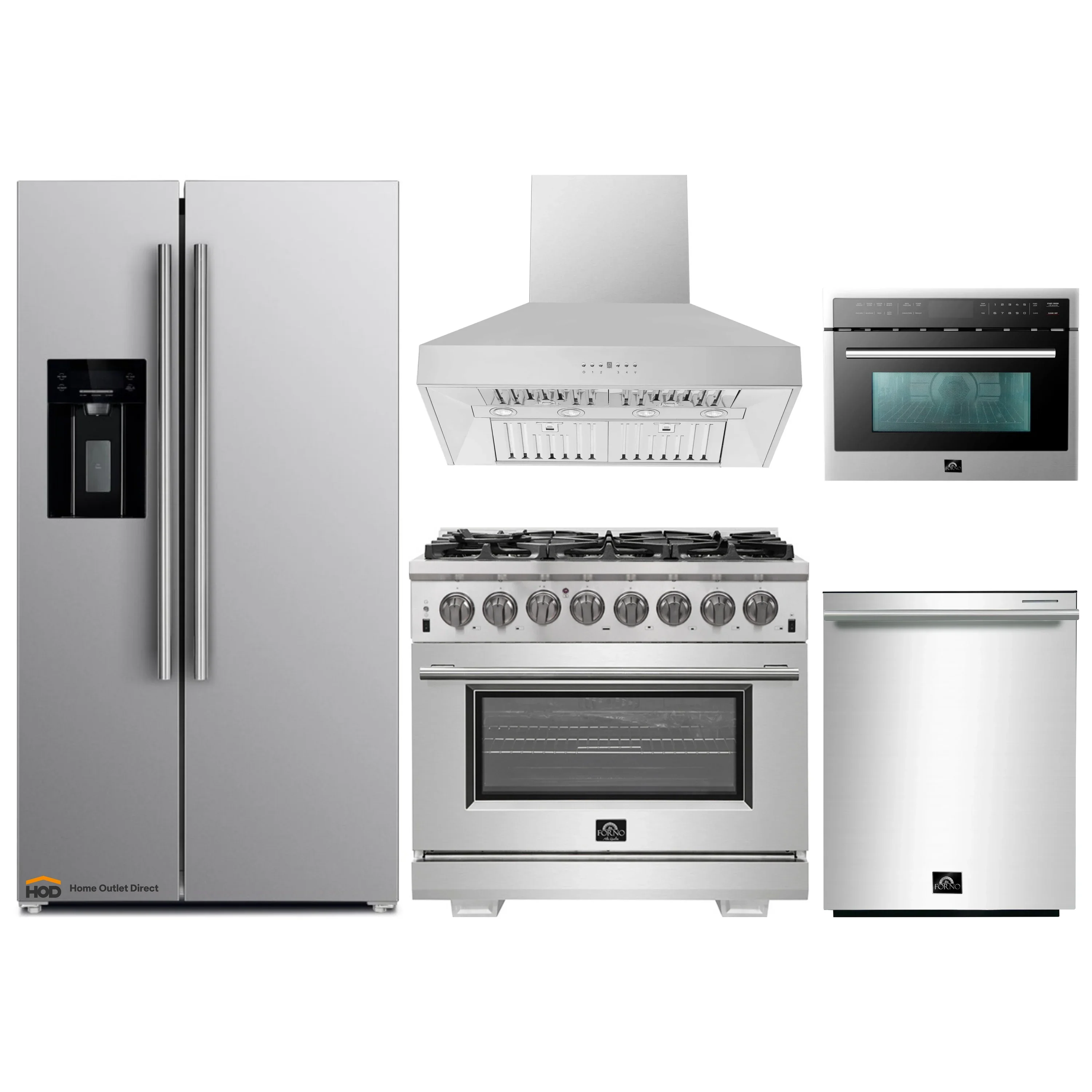 Forno 5-Piece Pro Appliance Package - 36-Inch Dual Fuel Range, Refrigerator with Water Dispenser, Wall Mount Hood, 24-Inch Microwave Oven, & 3-Rack Dishwasher in Stainless Steel