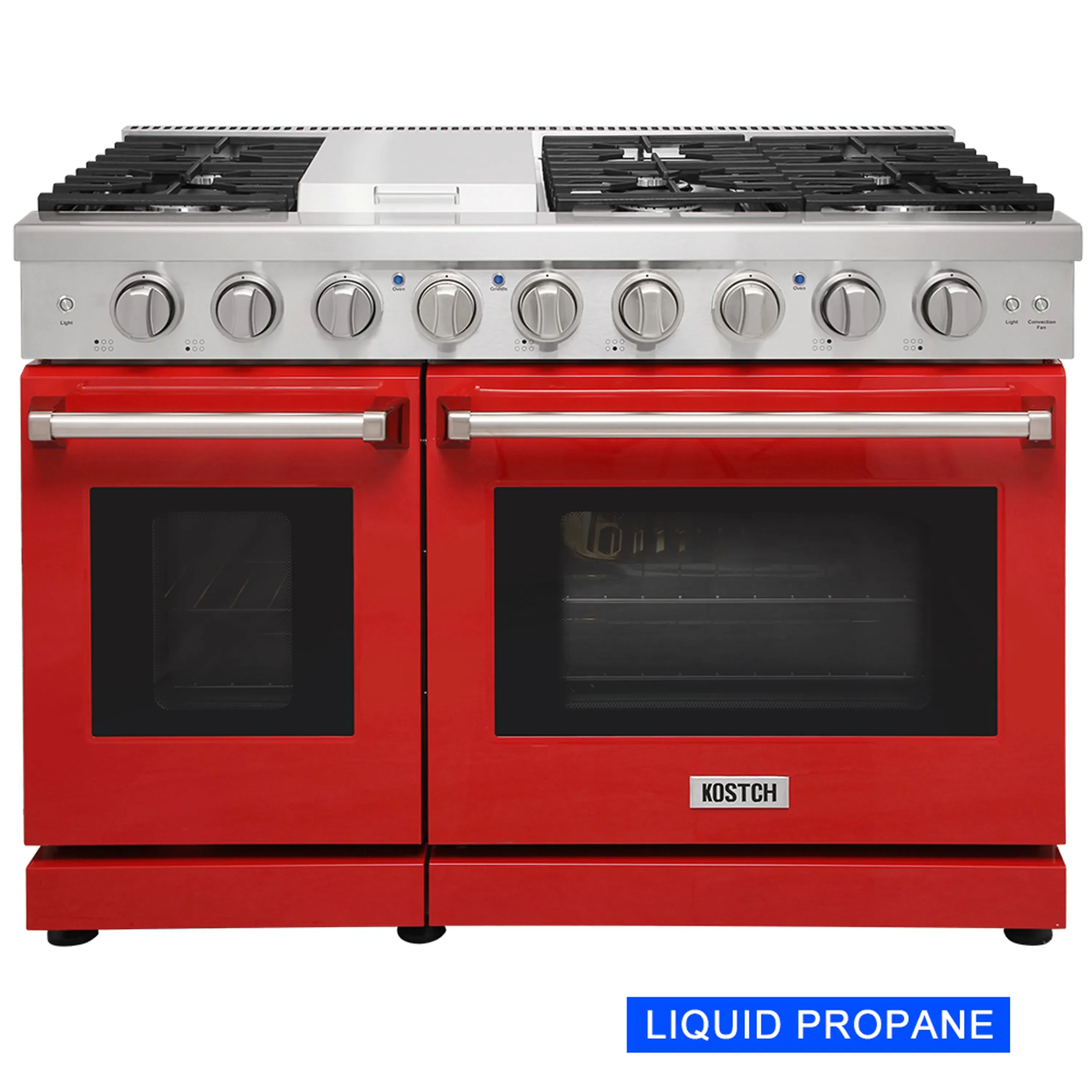 Kostch 48-Inch Propane Gas Range with 6 Burners, Griddle Cooktop & 6.8 Cu. Ft. Convection Oven in Red (KOS-48RG03MLP-R)