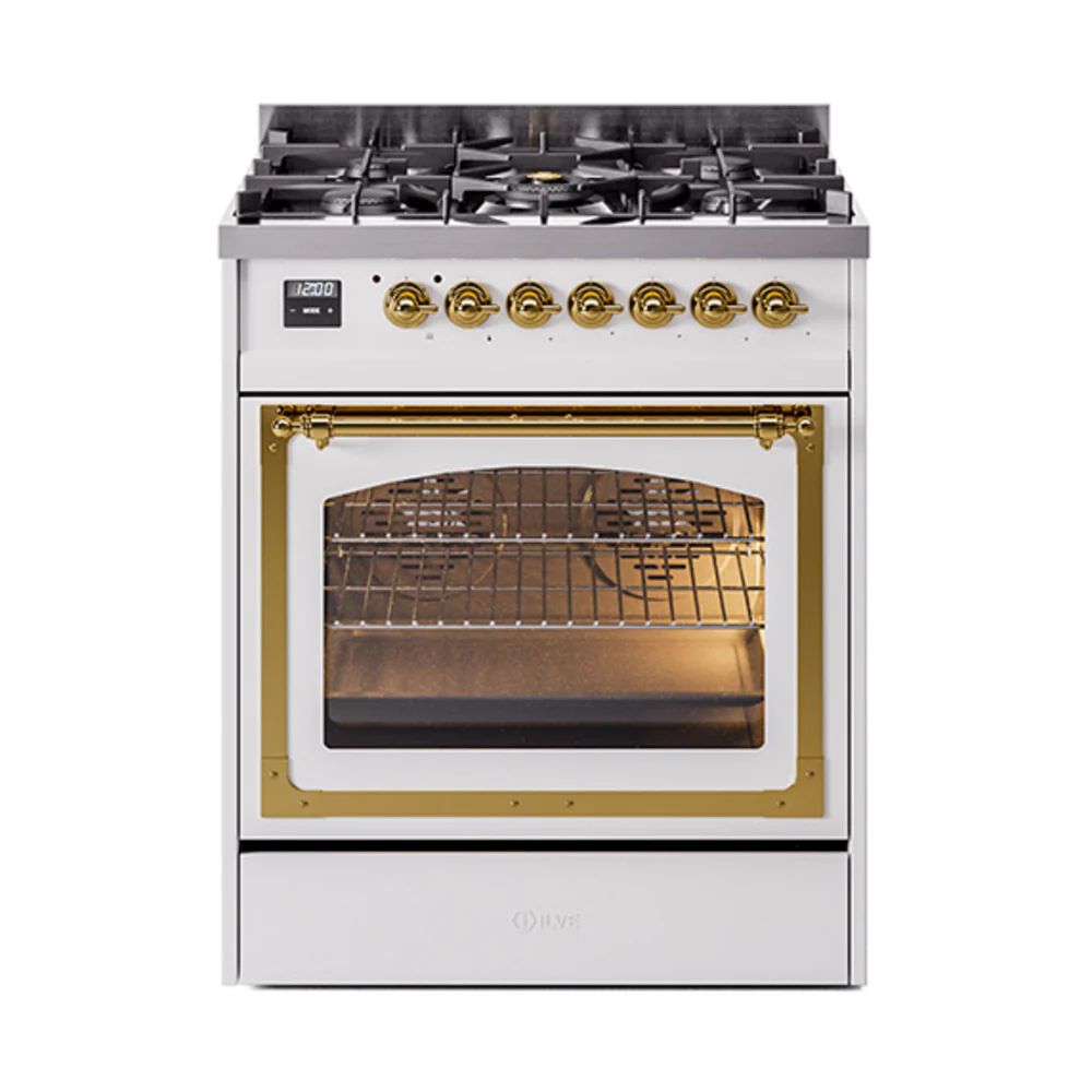 ILVE Nostalgie II Noblesse 30-Inch Dual Fuel Range with Triple Glass Door in White with Brass Trim (UN30NMPWHG)