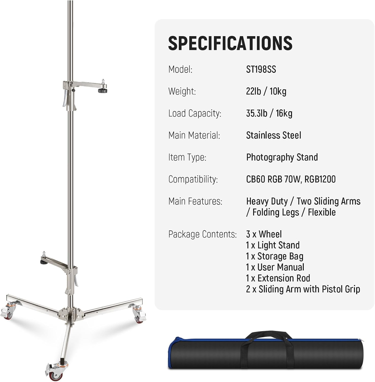 NEEWER 6.5ft/198cm Stainless Steel Light Stand, Heavy Duty Tripod Stand with Caster Wheels, 2 Sliding Arms with Pistol Grip, Folding Leg for Photography Softbox Monolight, Max. Load 35lb/16kg, ST198SS