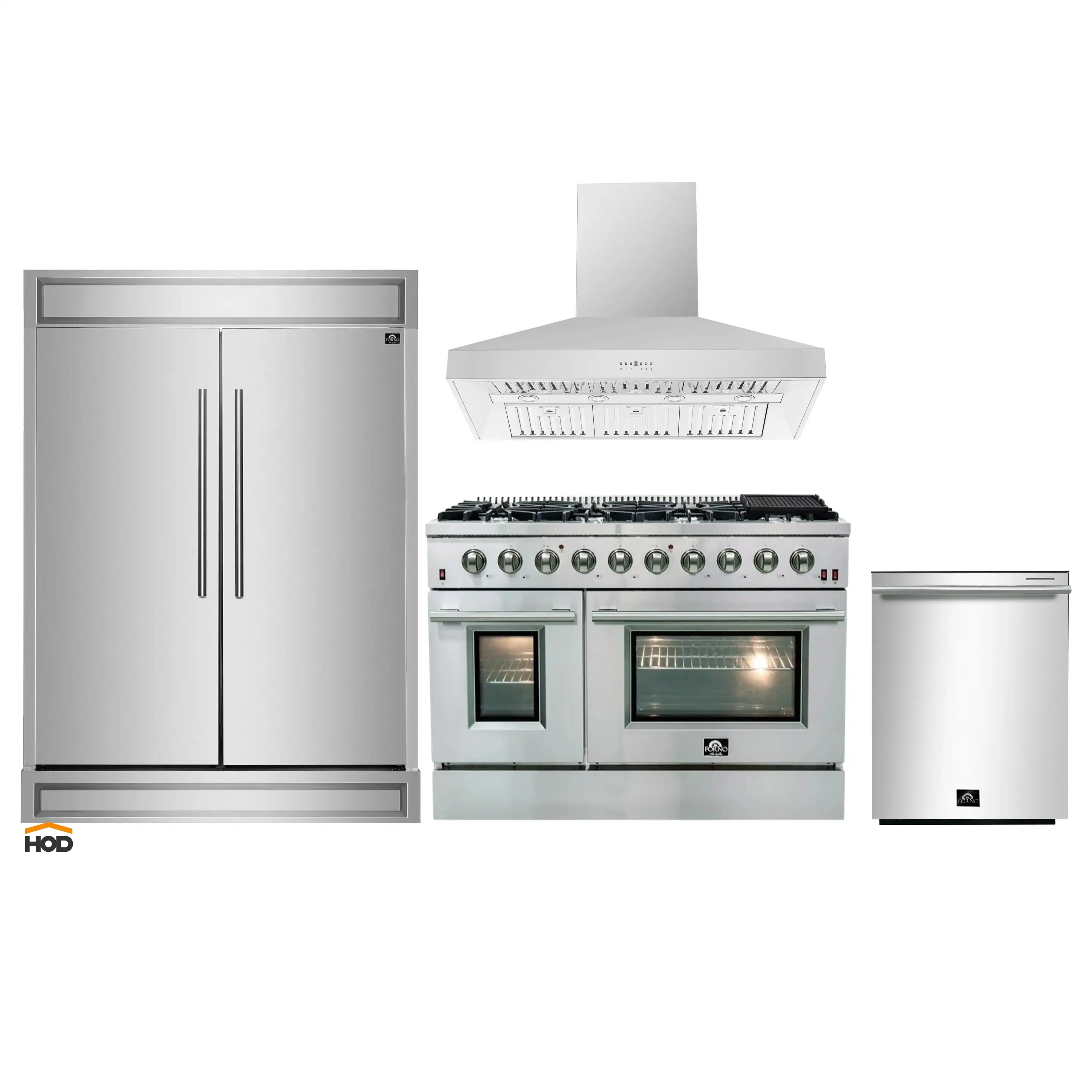 Forno 4-Piece Appliance Package - 48-Inch Gas Range, Refrigerator, Wall Mount Hood, & 3-Rack Dishwasher in Stainless Steel