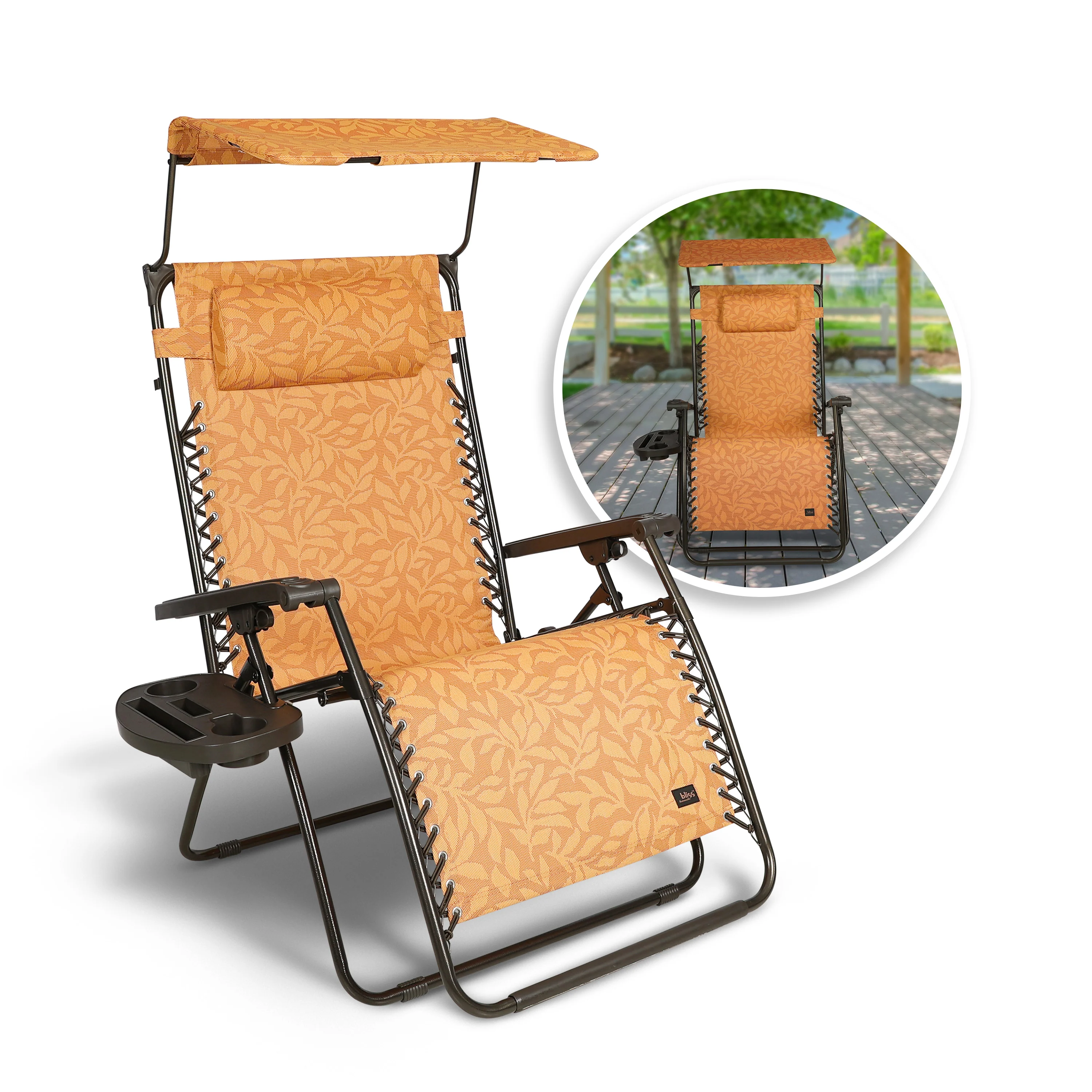 Bliss Hammocks GFC-032-AL-H Gravity Free Chair W/ Canopy, Drink Tray, & Pillow | 32-in. Wide XL | Weather & Rust Resistant | 360 Lb. Capacity (Amber Leaf)
