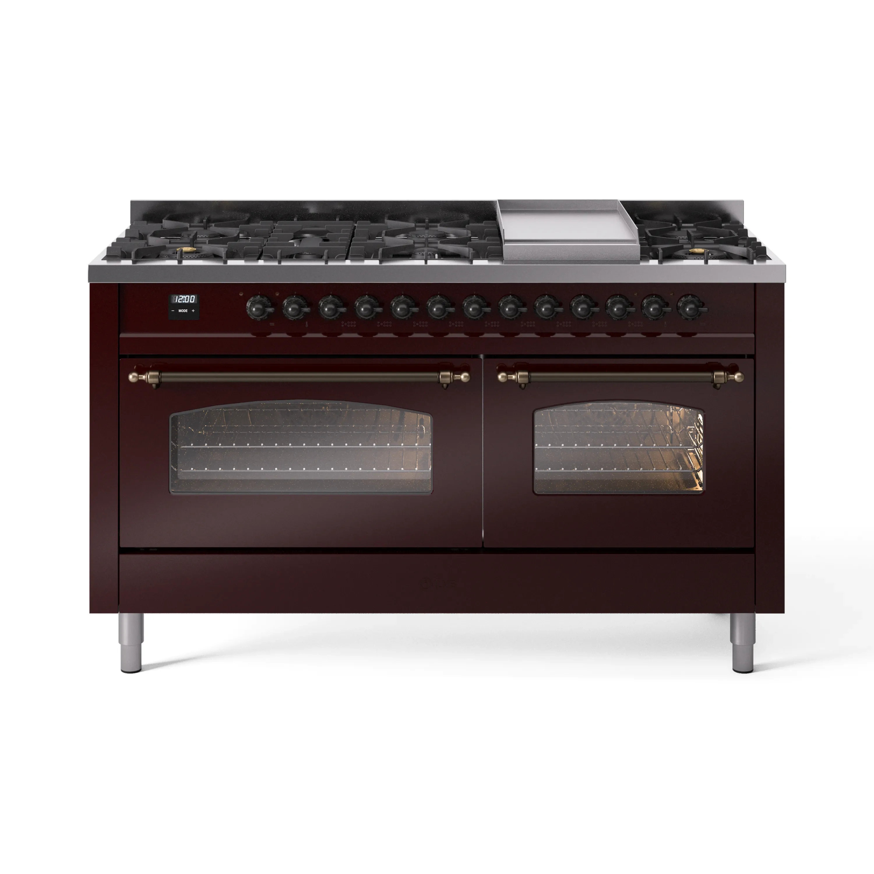 ILVE 60-Inch Nostalgie II Dual Fuel Range with 9 Burners, Griddle and Triple Glass Door Oven in Burgundy with Bronze Trim (UP60FNMPBUB)
