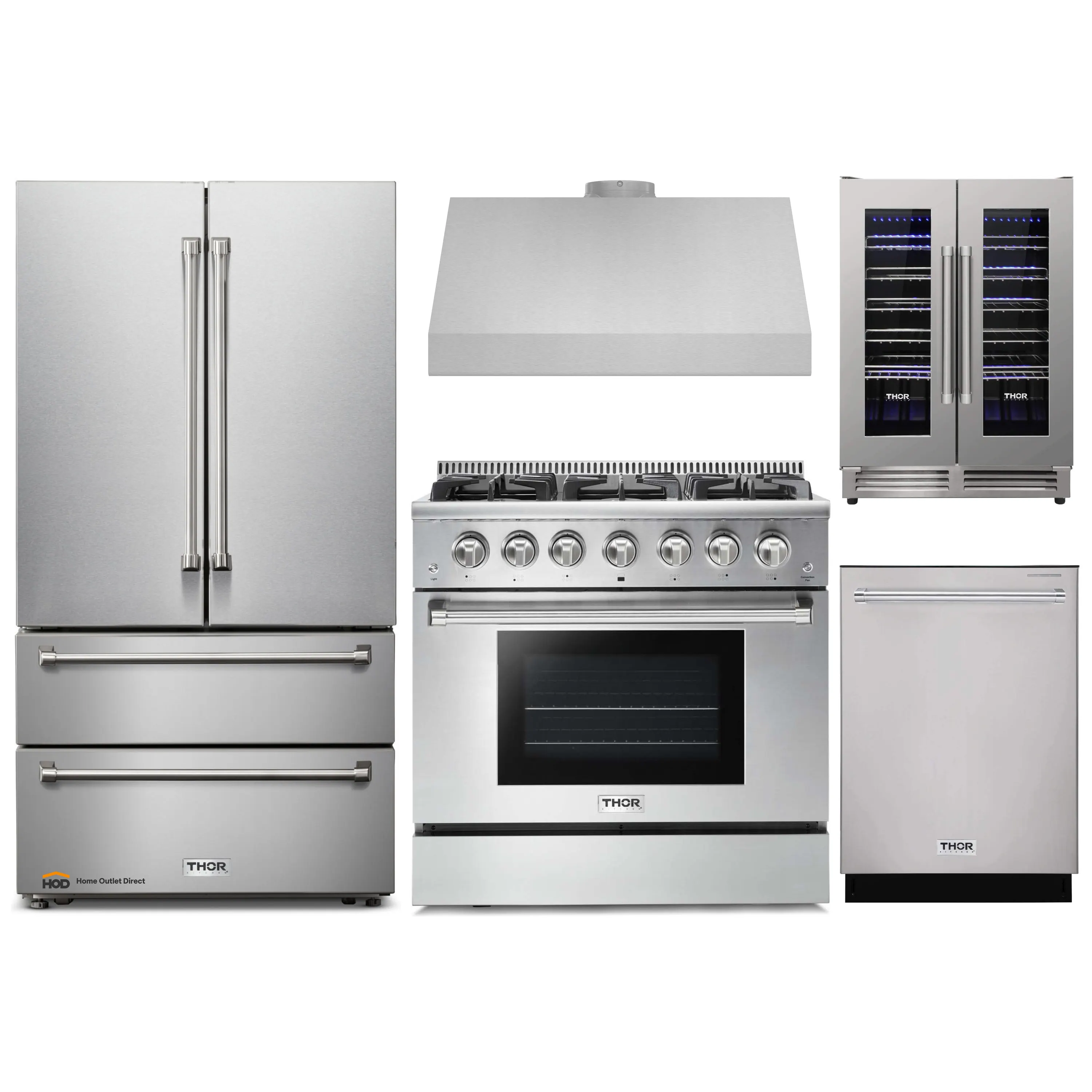 Thor Kitchen 5-Piece Pro Appliance Package - 36-Inch Gas Range, French Door Refrigerator, Under Cabinet Hood, Dishwasher, and Wine Cooler in Stainless Steel