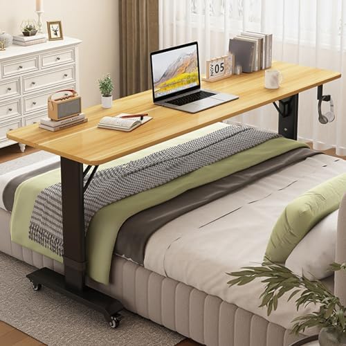 Overbed Table with Wheels, Bedside Table Height Adjustable, Portable Over Bed Table, Standing Over Bed Desk for Hospital and Home Use,Light Walnut a-59.0in/150cm
