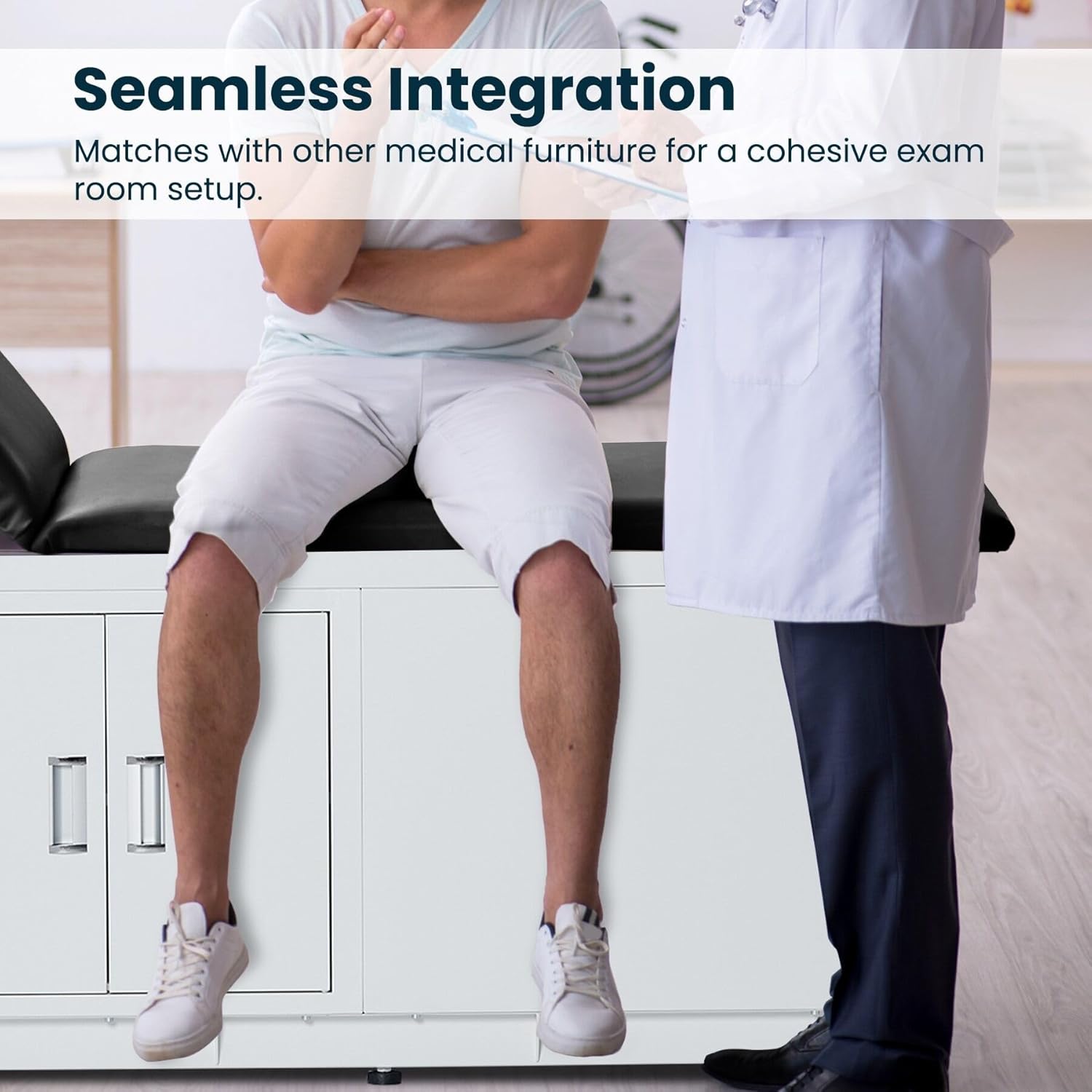 Grande Medical Exam Table, Adjustable Exam Bed with Step Stool, Storage Cabinets, and Foot Rest, Dimensions: 47.64” L x 26.77” W x 29.13” H, Black, NO Stirrups