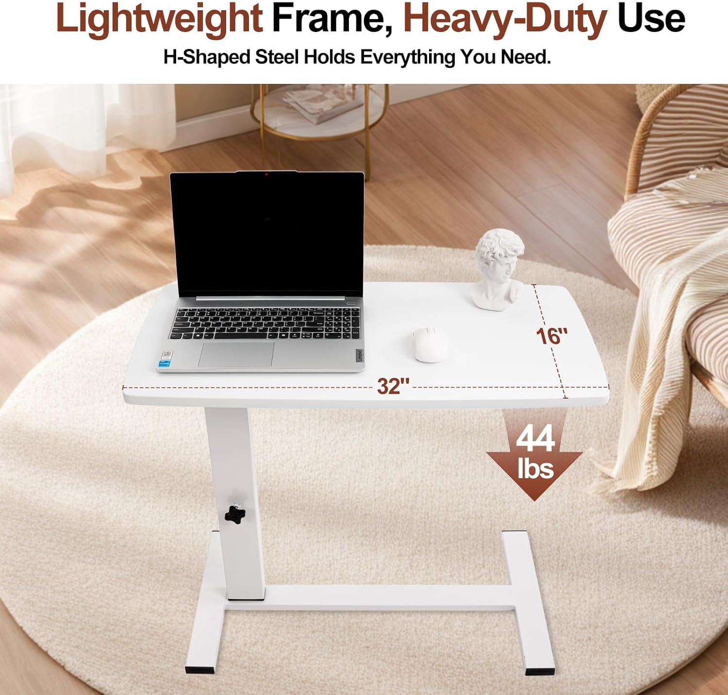 Adjustable Overbed Bedside Table with Hidden Casters, Pneumatic Mobile Laptop Computer Standing Desk, Medical Foldable Cart Movable Rolling Table for Hospital Home Use(32