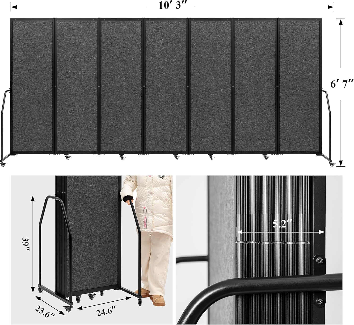Foldable Privacy Screens Rolling Room Partition with arms Versatile Freestanding Dividers for Hospitals Clinics Nursing Homes Offices 7 Panel, Dark Gray