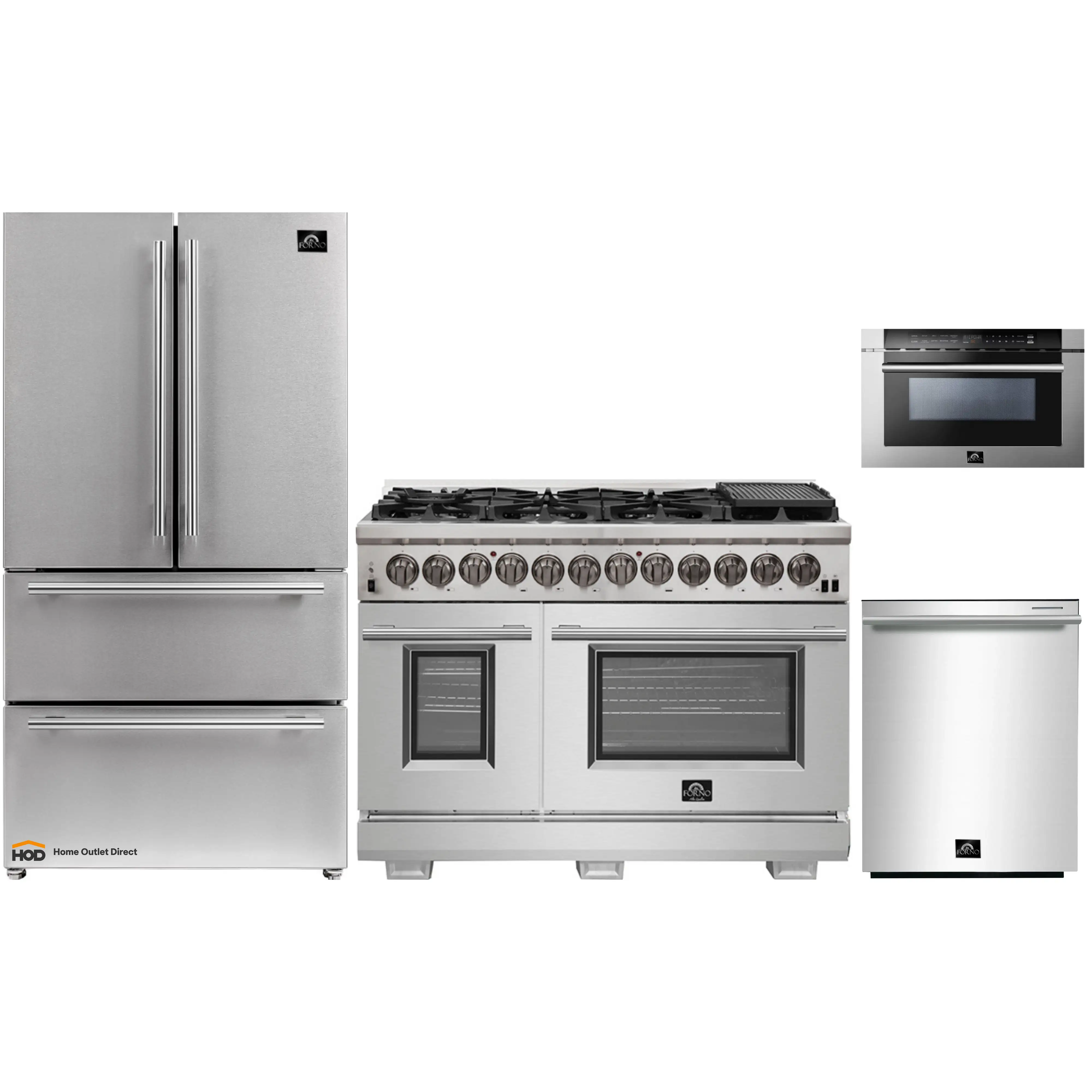 Forno 4-Piece Pro Appliance Package - 48-Inch Dual Fuel Range, Refrigerator, 24-Inch Microwave Drawer, & 3-Rack Dishwasher in Stainless Steel