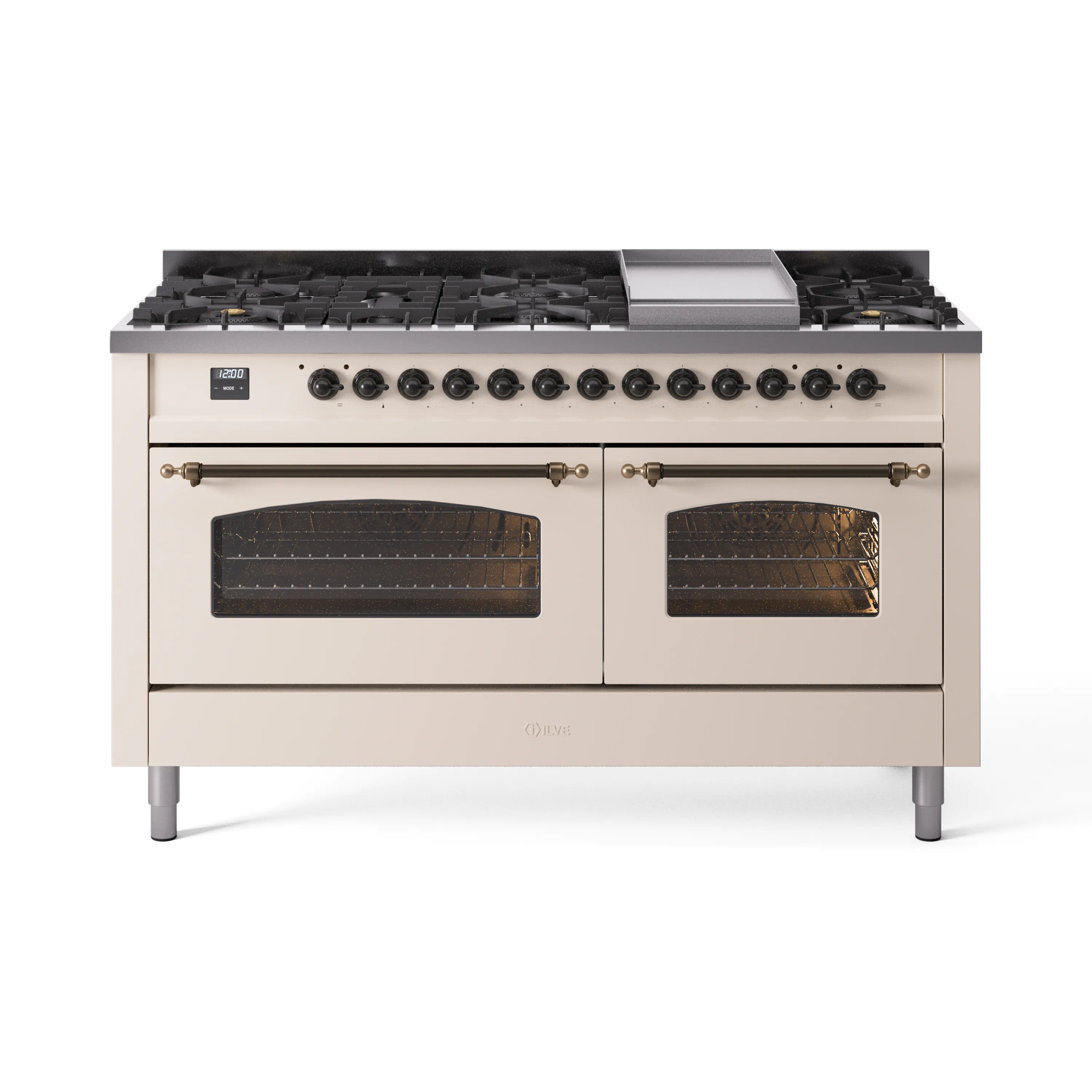 ILVE 60-Inch Nostalgie II Dual Fuel Range with 9 Burners, Griddle and Triple Glass Door Oven in Antique White with Bronze Trim (UP60FNMPAWB)