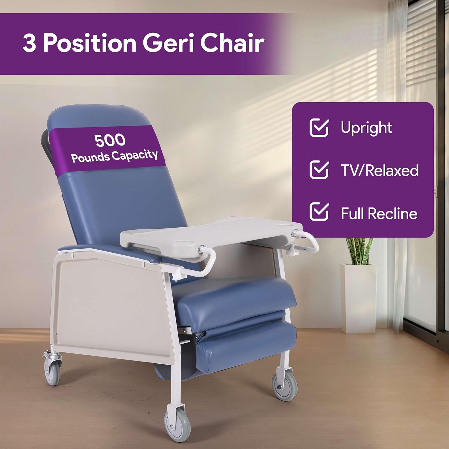 3 Position Bariatric Geri Chair - Extra Wide Black Medical Recliner Chairs for Elderly with Meal Tray for Home and Hospital - 500 Pound Weight Capacity - Reclining Medical Chair