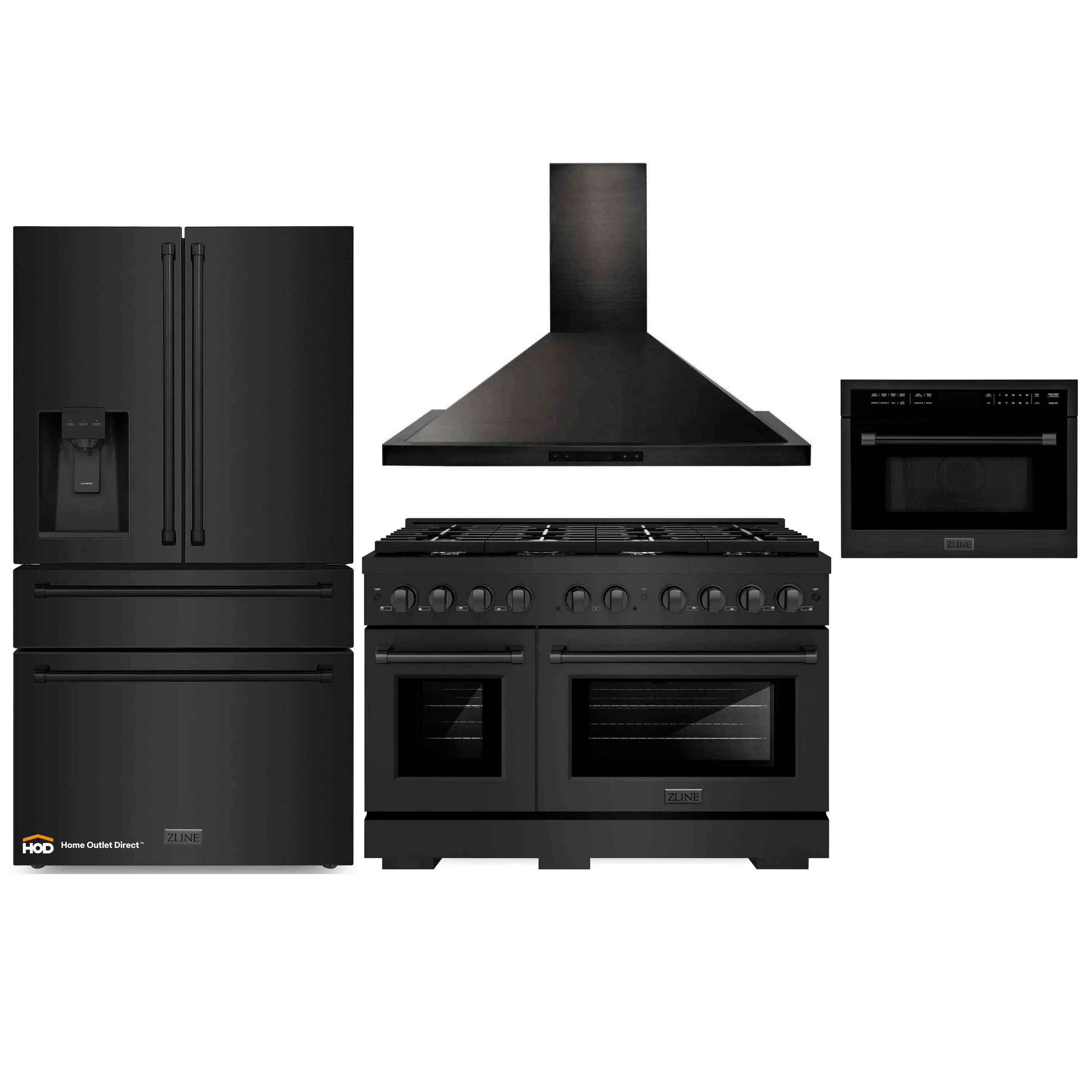 ZLINE 4-Piece Appliance Package - 48-Inch Gas Range, Refrigerator with Water Dispenser, Convertible Wall Mount Hood, and Microwave Oven in Black Stainless Steel (4KPRW-SGRBRH48-MWO)