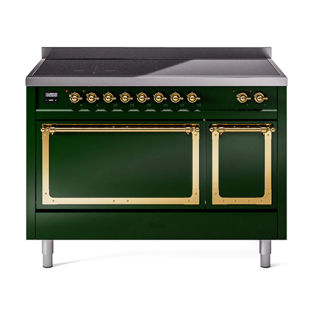 ILVE Nostalgie II Noblesse 48-Inch Induction Range with Solid Door Oven in Emerald Green with Brass Trim (UNI486QNMPEGG)