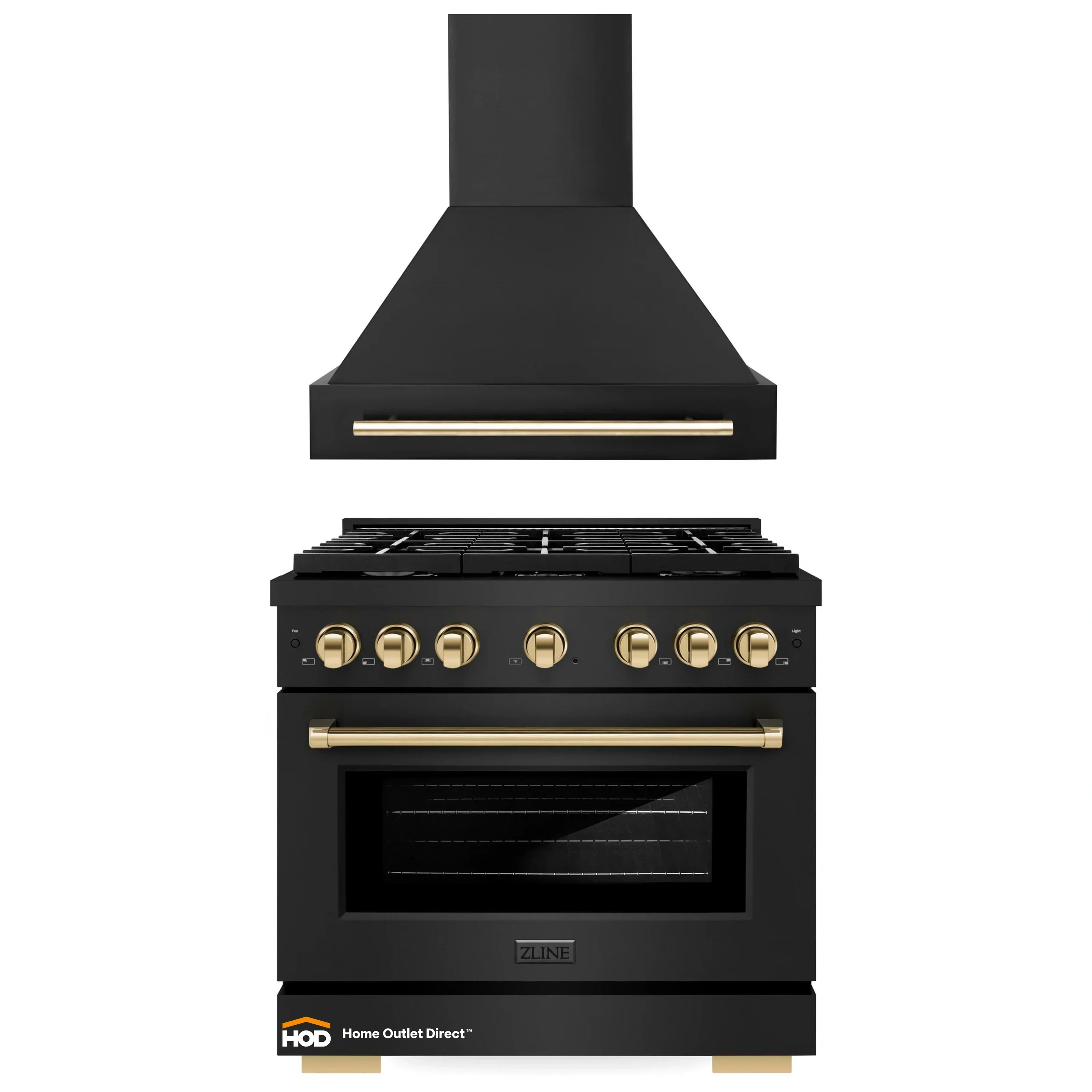 ZLINE Autograph Edition 2-Piece Appliance Package - 36-Inch Gas Range & Wall Mounted Range Hood in Black Stainless Steel with Gold Trim (2AKP-SGRBRH36-G)