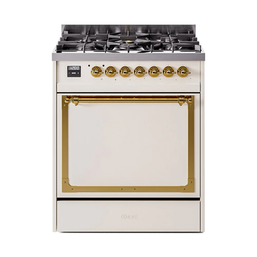 ILVE Nostalgie II Noblesse 30-Inch Dual Fuel Range with Solid Door in Antique White with Brass Trim (UN30QNMPAWG)
