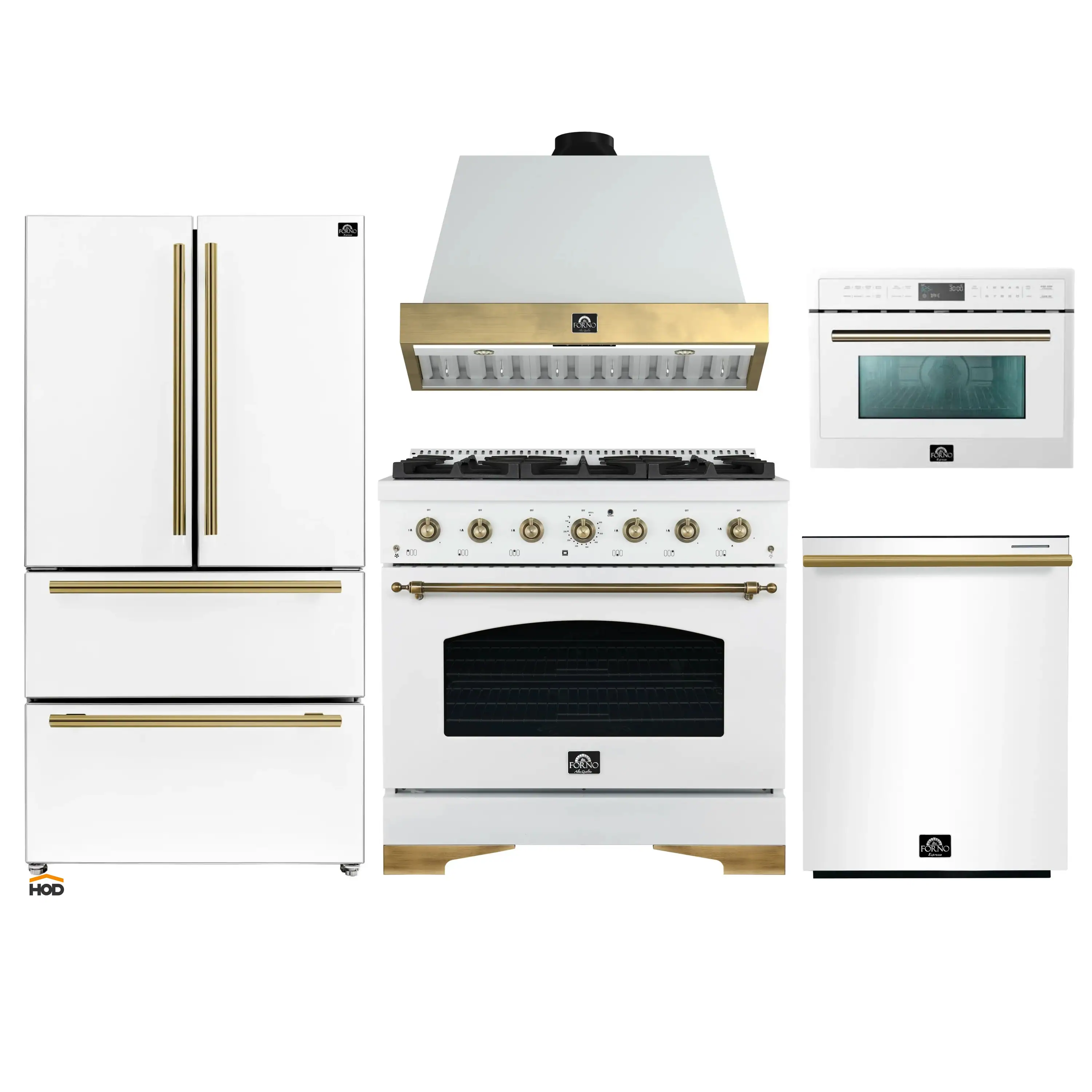 Forno Antico 5-Piece Appliance Package - 36-Inch Gas Range, 36-Inch Hood, 36-Inch Refrigerator, 24-Inch Dishwasher, & 24-Inch Microwave Oven in White with Antique Brass Trim