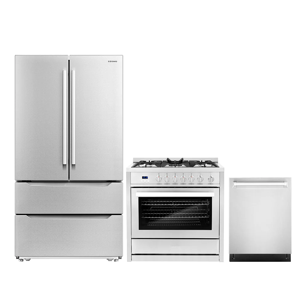 Cosmo 3 - Piece Appliance Package - 36-Inch 240V Dual Fuel Range, 24-Inch Dishwasher and French Door Refrigerator (COS-3PKG-098)