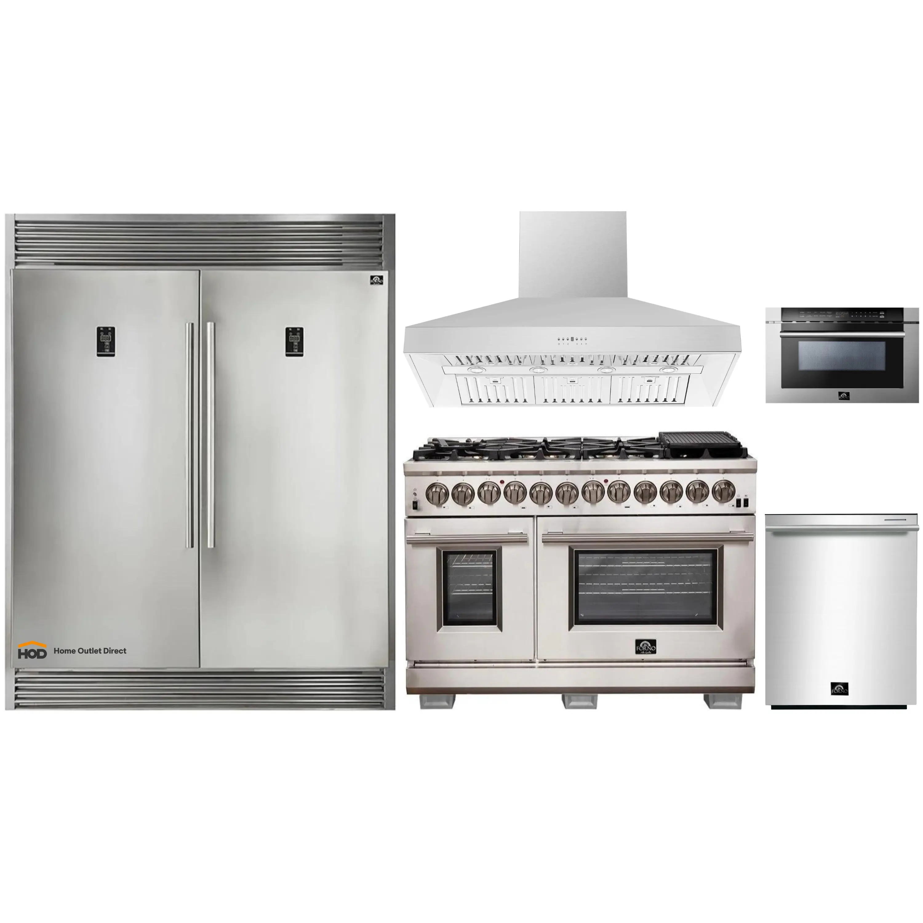 Forno 5-Piece Pro Appliance Package - 48-Inch Dual Fuel Range, 60-Inch Pro-Style Refrigerator, Wall Mount Hood, 24-Inch Microwave Drawer, & 3-Rack Dishwasher in Stainless Steel