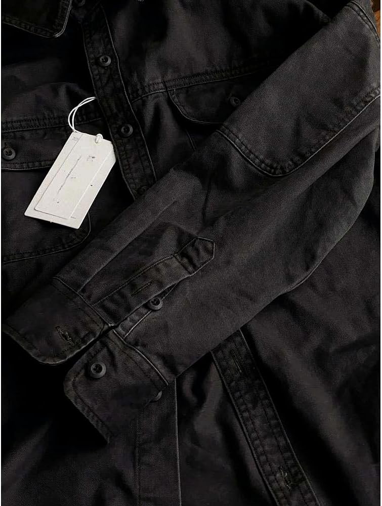 Hndudnff Men Denim Jacket Charcoal Washed Utility Relaxed Fit Casual Button Up Overshirt Workwear Jacket