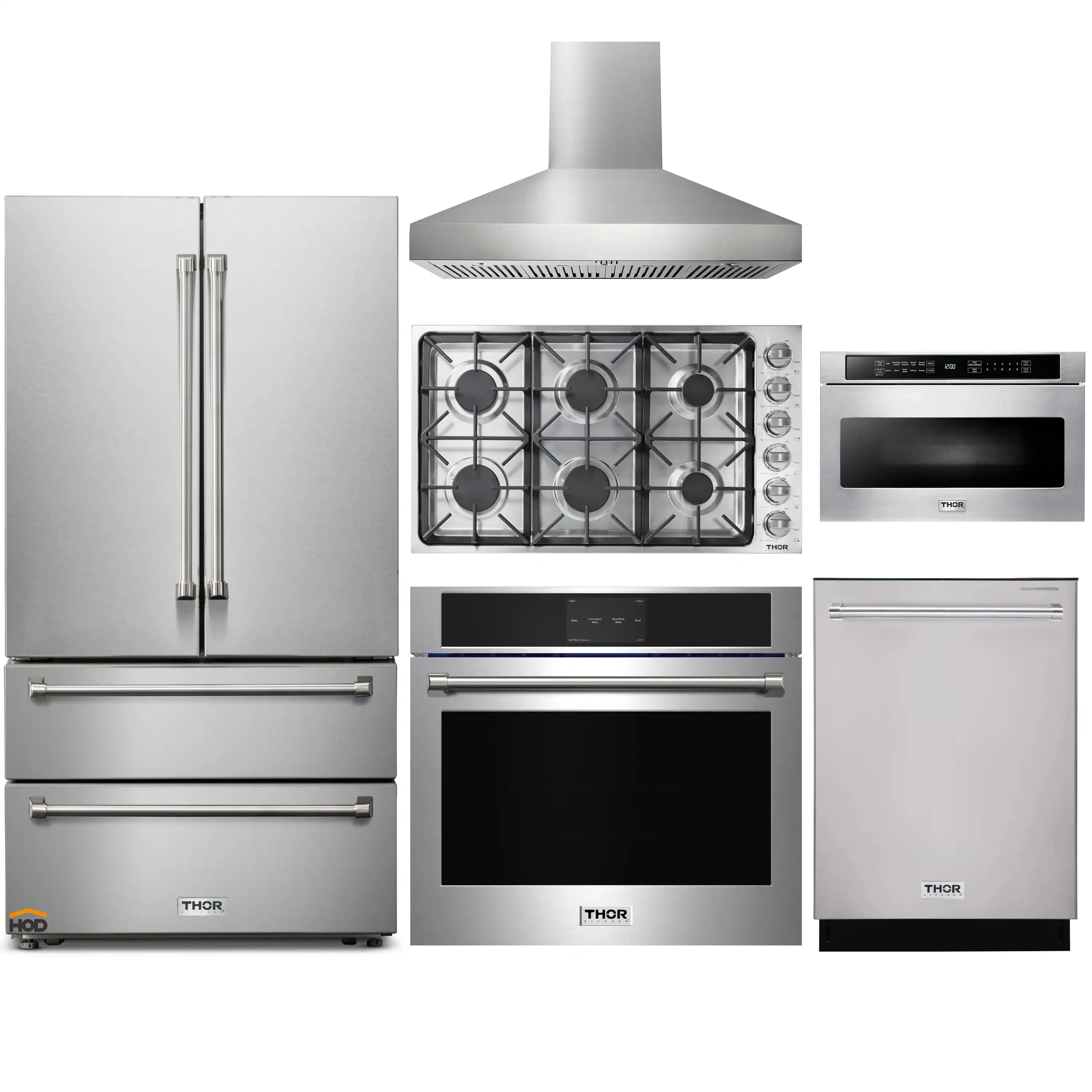 Thor Kitchen 6-Piece Pro Appliance Package - 36-Inch Gas Cooktop, Electric Wall Oven, Pro-Style Wall Mount Hood, Refrigerator, Dishwasher & Microwave Drawer in Stainless Steel
