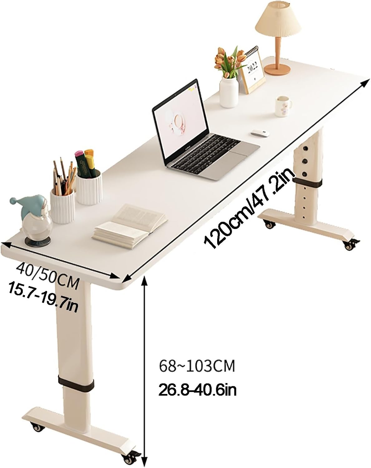 360°Swivel Overbed Table with Wheels,Adjustable Height Mobile Bed Desk,Heavy Duty Metal Leg Rolling Laptop Table for Hospital Home Use Standing Desk Compatible(120x50x68cm, Golden Oak)