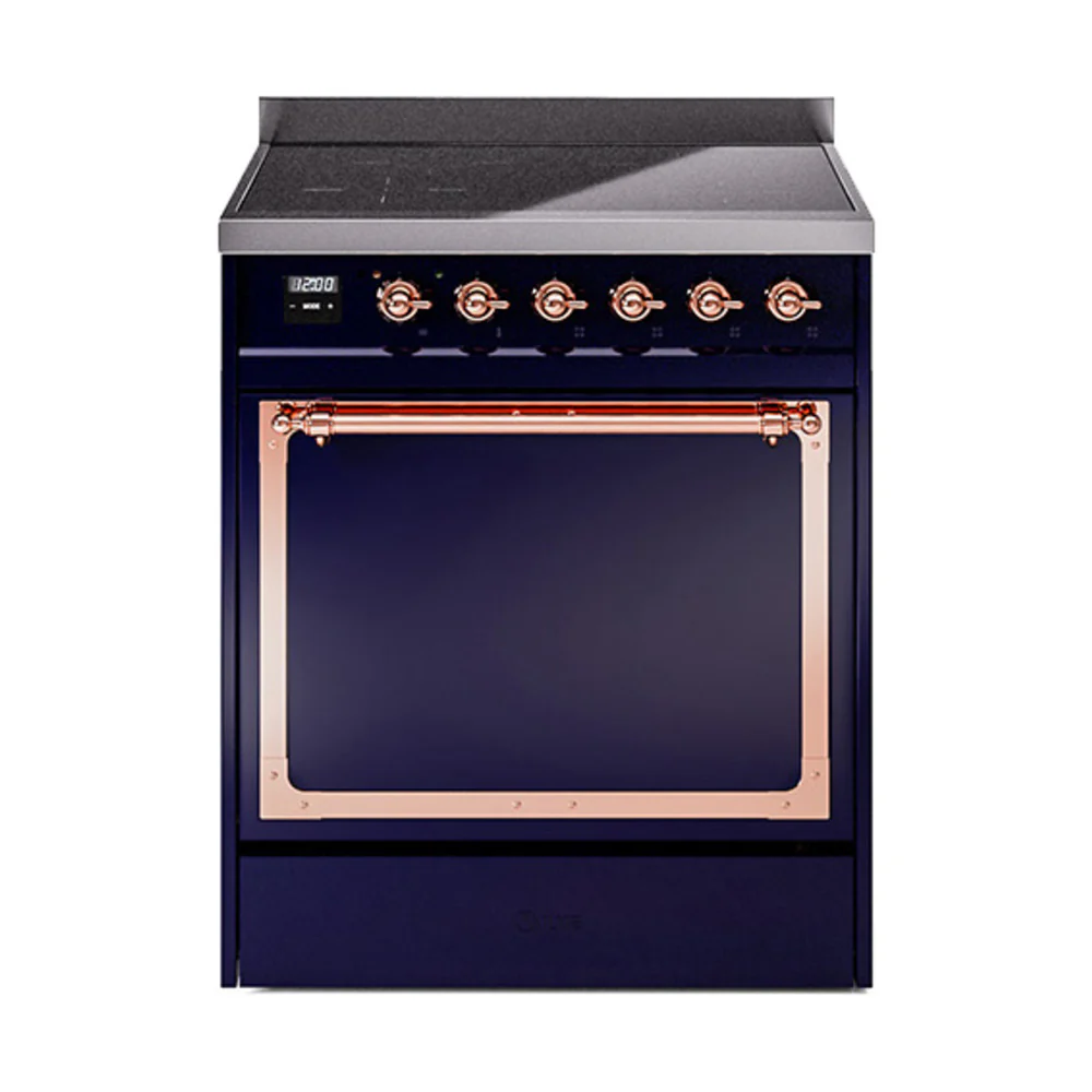 ILVE 30-Inch Nostalgie II Noblesse Induction Range with Solid Door Oven in Midnight Blue with Copper Trim (UNI304QNMPMBP)