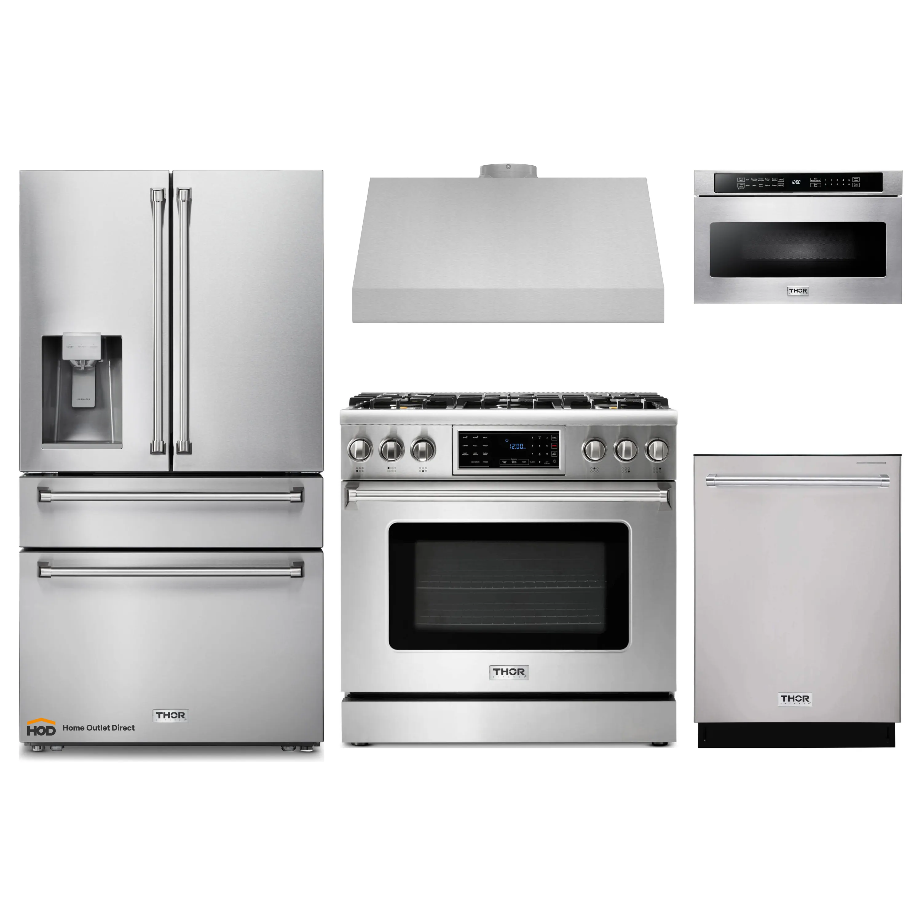 Thor Kitchen 5-Piece Appliance Package - 36-Inch Gas Range with Tilt Panel, Refrigerator with Water Dispenser, Under Cabinet Hood, Dishwasher, & Microwave Drawer in Stainless Steel