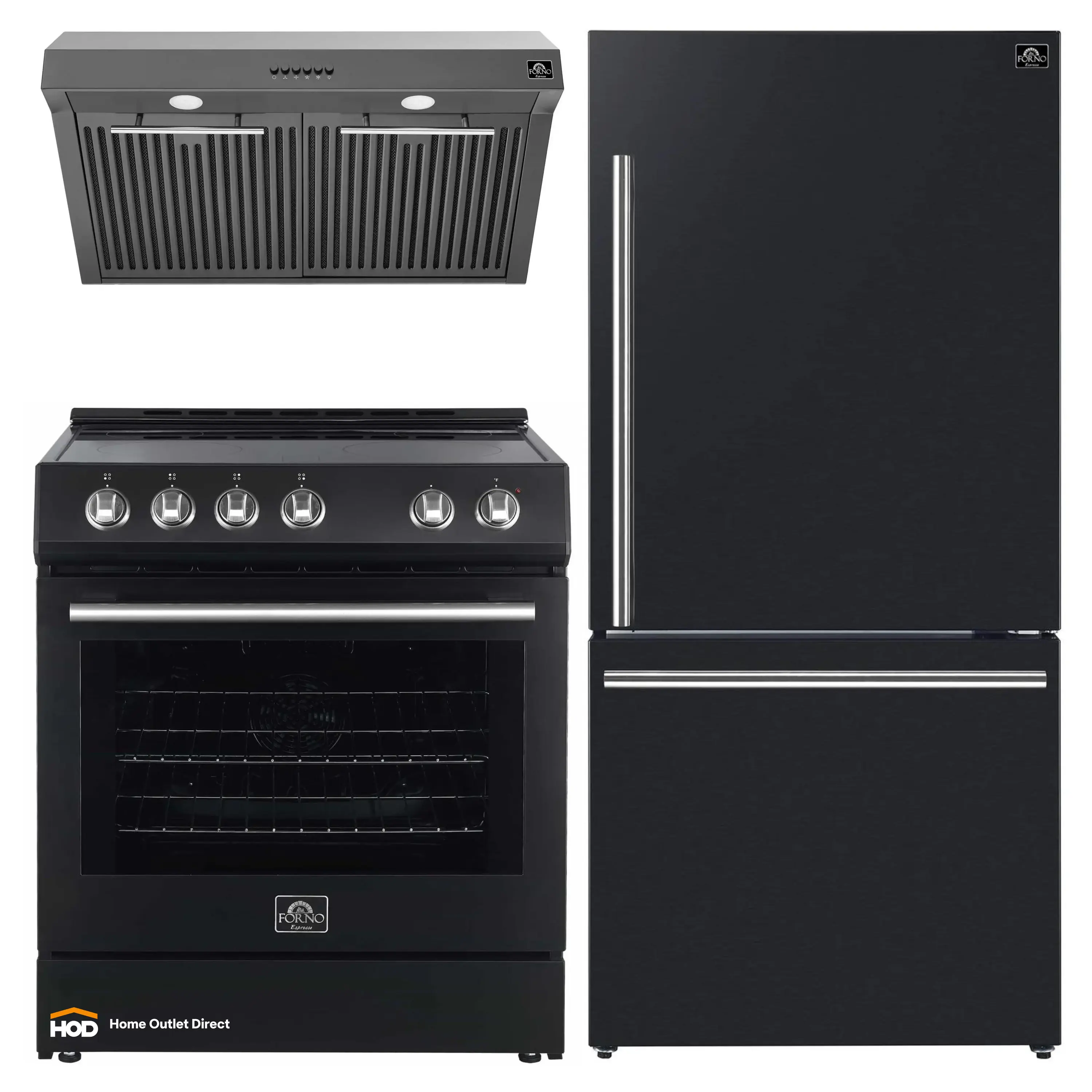 Forno Espresso 3-Piece Appliance Package - 30-Inch Electric Range with 5.0 Cu.Ft. Electric Oven, Refrigerator, and Under Cabinet Range Hood in Black with Stainless Steel Trim (FBDL-001-02US)
