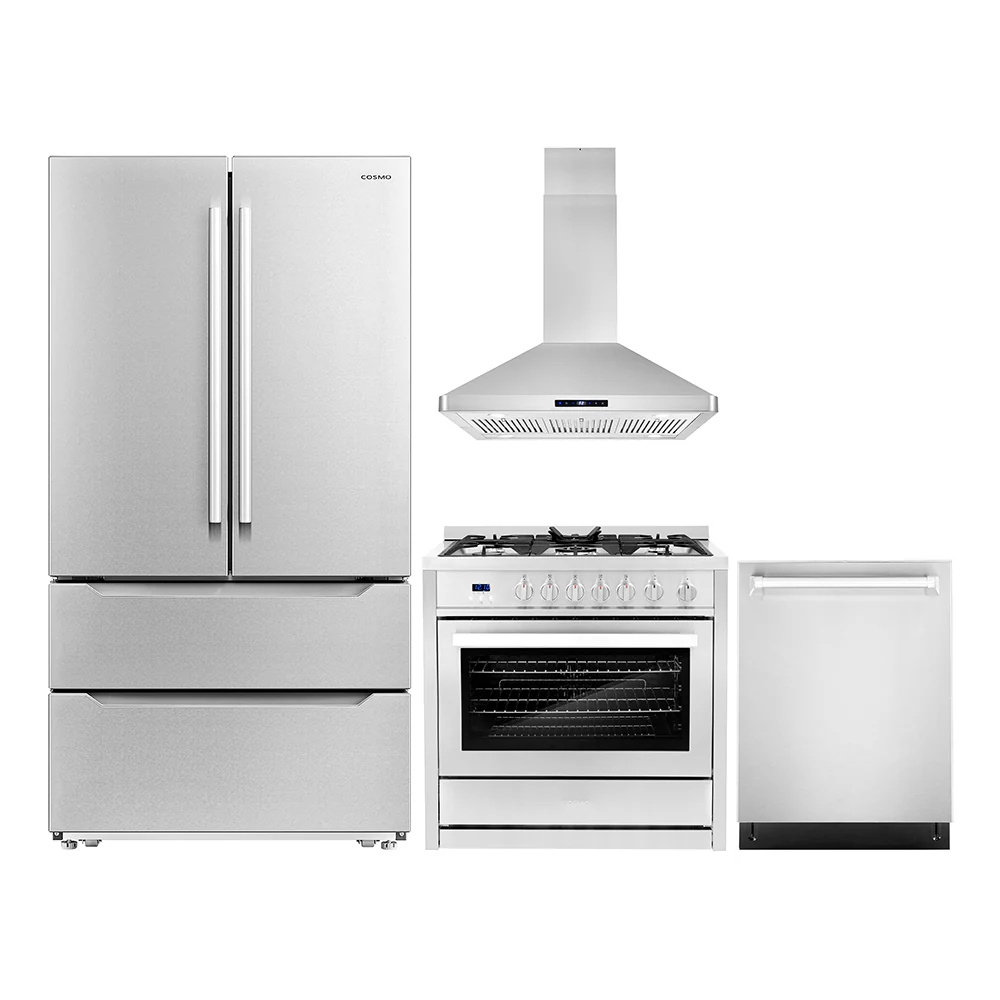Cosmo 4-Piece Appliance Package - 36-Inch Single Oven Gas Range, Island Range Hood, Dishwasher and Refrigerator in Stainless Steel (COS-4PKG-214)