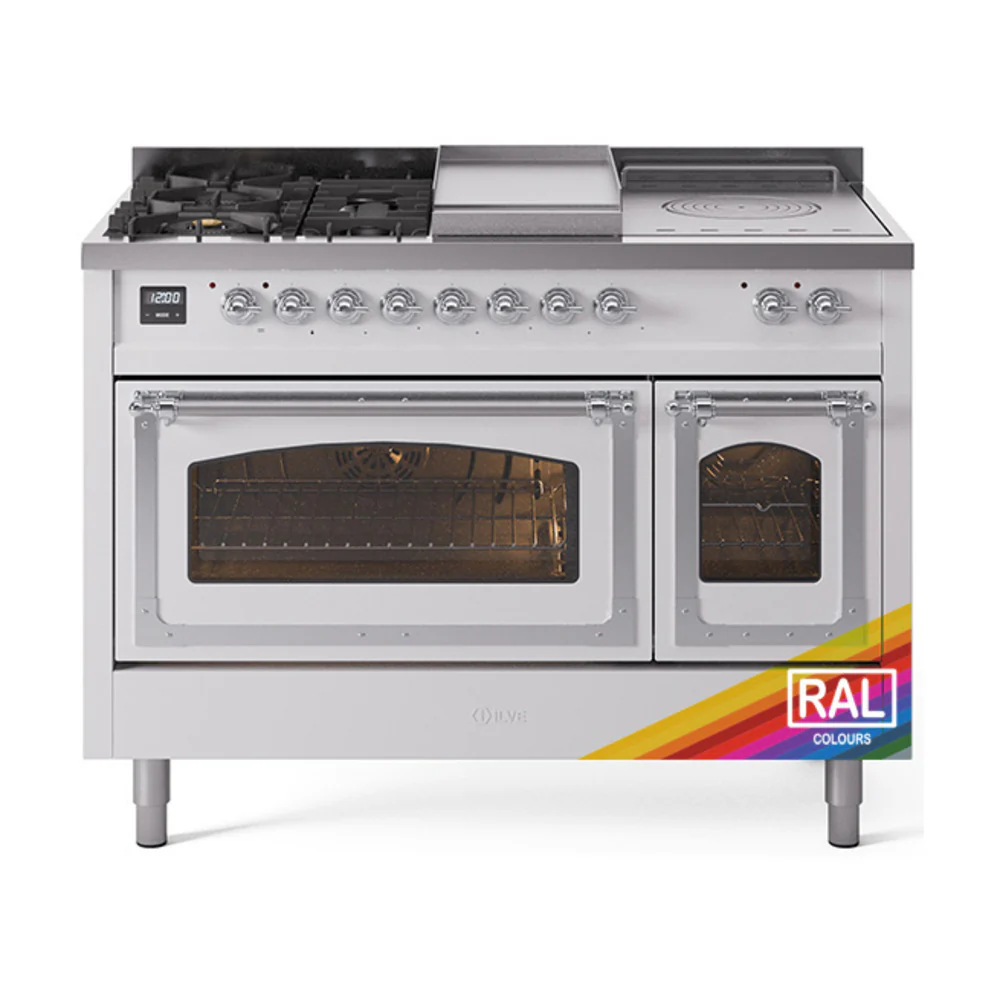 ILVE 48-Inch Nostalgie II Noblesse Dual Fuel Range with 5 Sealed Burners, Griddle, French Top and Triple Glass Door Oven in Custom RAL with Chrome Trim (UN48FSNMPRAC)