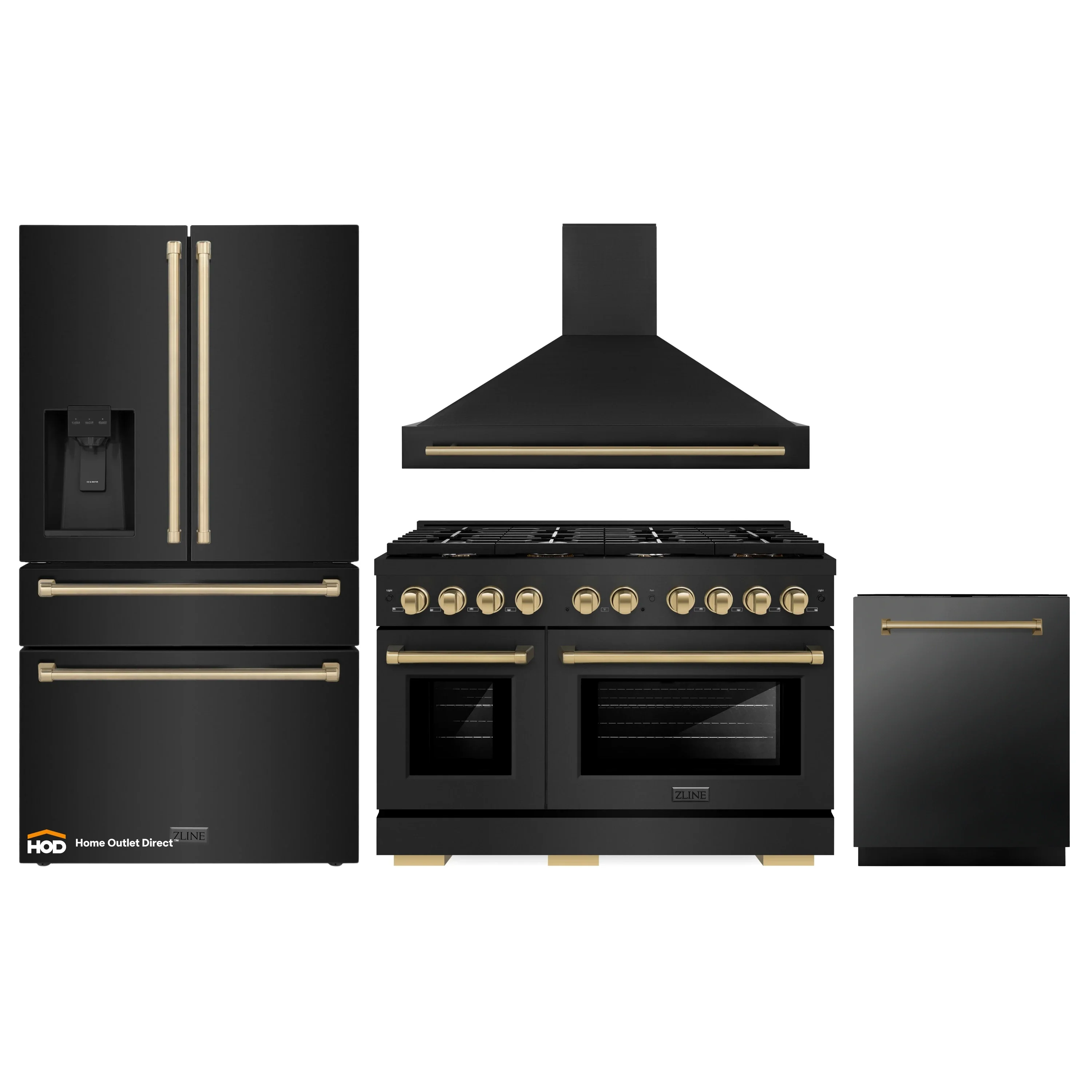 ZLINE Autograph Edition 4-Piece Appliance Package - 48-Inch Gas Range, Refrigerator with Water Dispenser, Wall Mounted Range Hood, & 24-Inch Tall Tub Dishwasher in Black Stainless Steel with Champagne Bronze Trim (4KAPR-SGRBRHDWV48-CB)