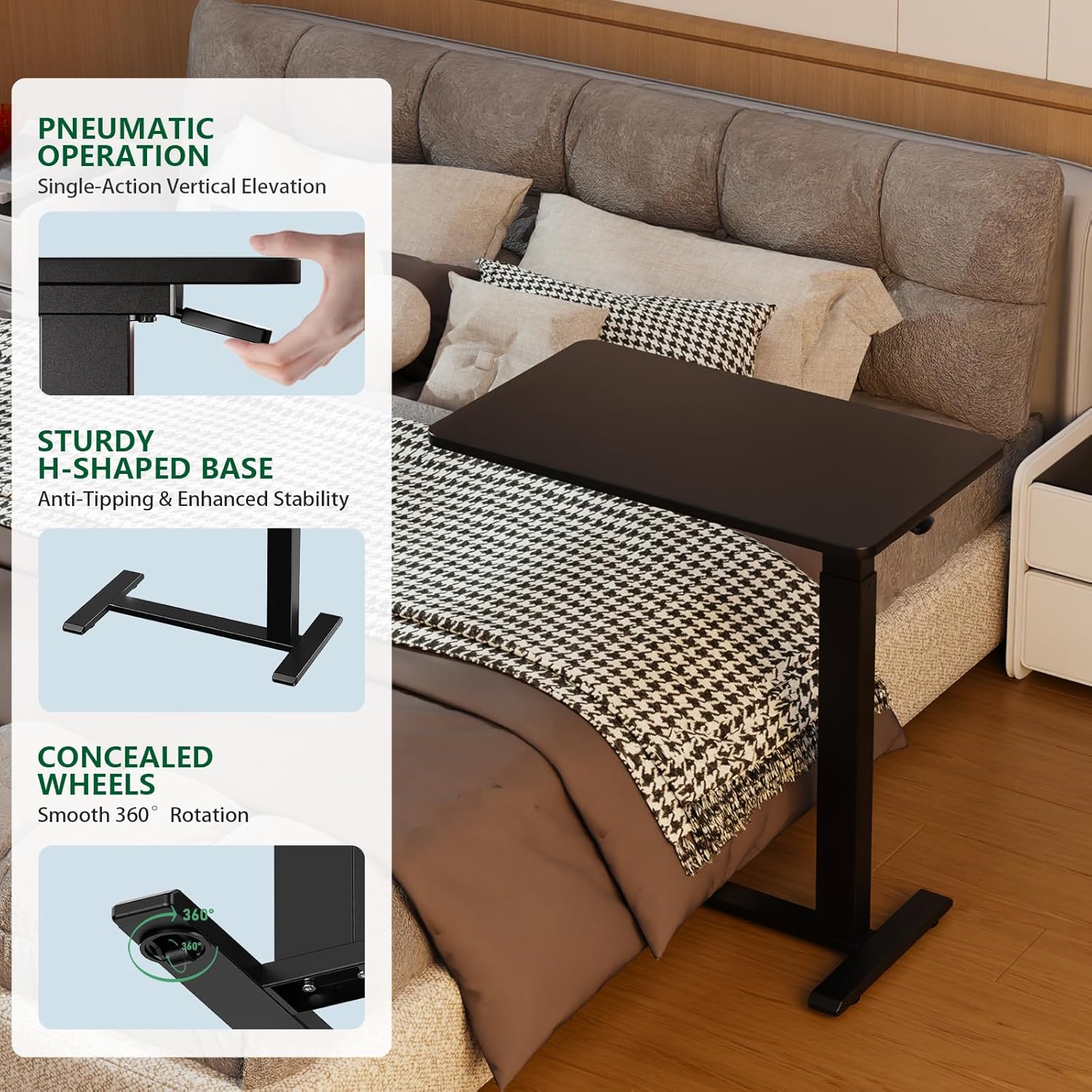 Ywin Medical Adjustable Overbed Bedside Table with Wheels, Rolling Standing Desk, Pneumatic Small Side Bed Table with Tray for Couch, Hospital, Home,Office Use (Black)