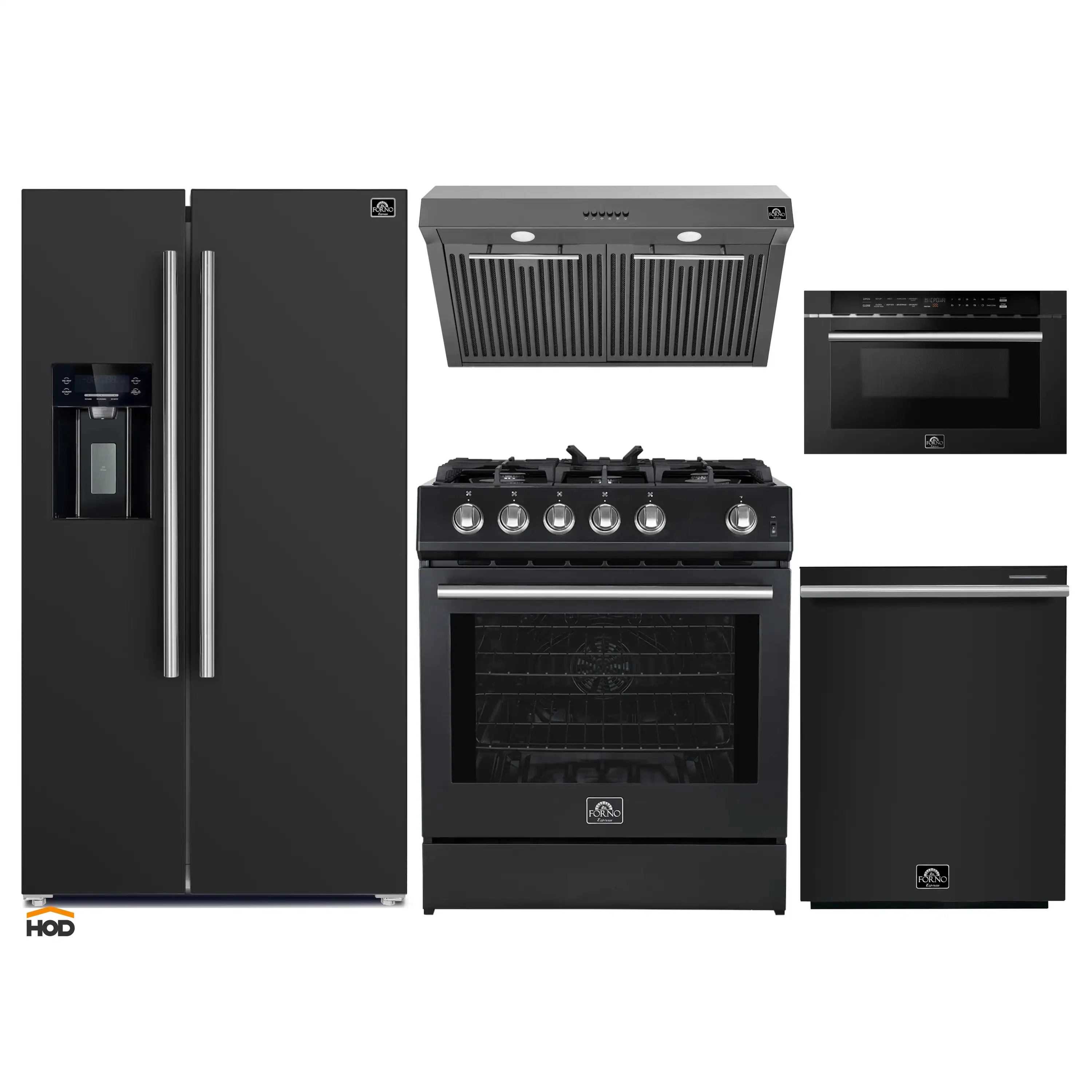 Forno 5-Piece Appliance Package - 30-Inch Gas Range, Under Cabinet Range Hood, Refrigerator with Water Dispenser, Dishwasher, and  Microwave Drawer in  Black with Stainless Steel Trim