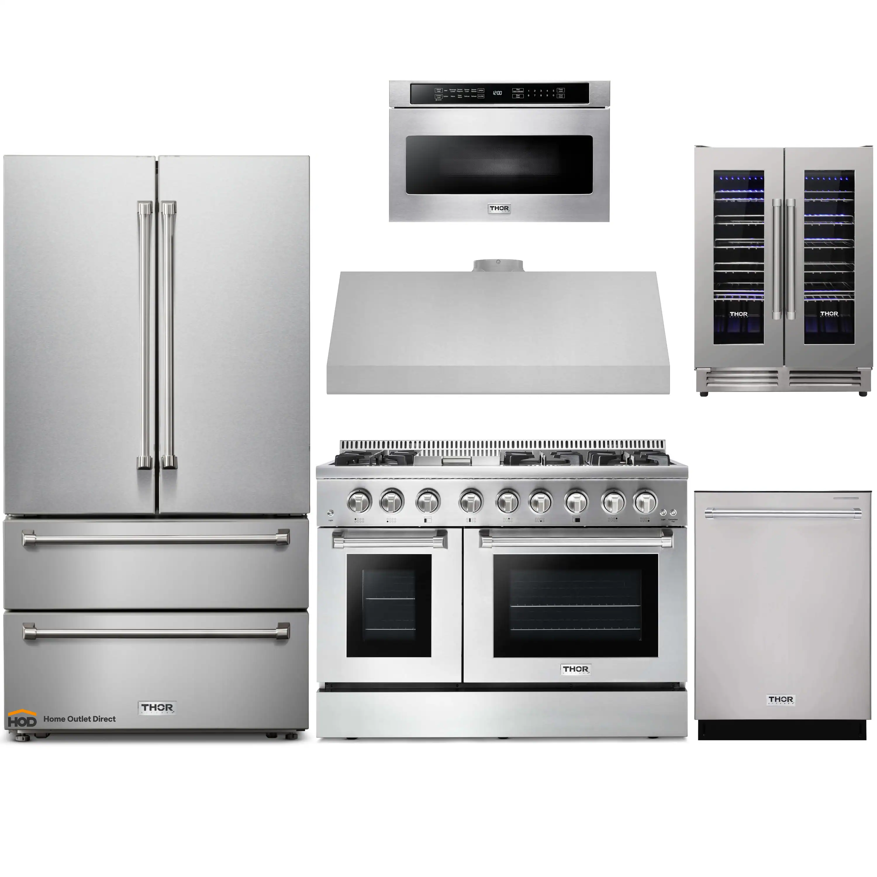 Thor Kitchen 6-Piece Pro Appliance Package - 48-Inch Dual Fuel Range, French Door Refrigerator, Dishwasher, Under Cabinet 11-Inch Tall Hood, Microwave Drawer, & Wine Cooler in Stainless Steel