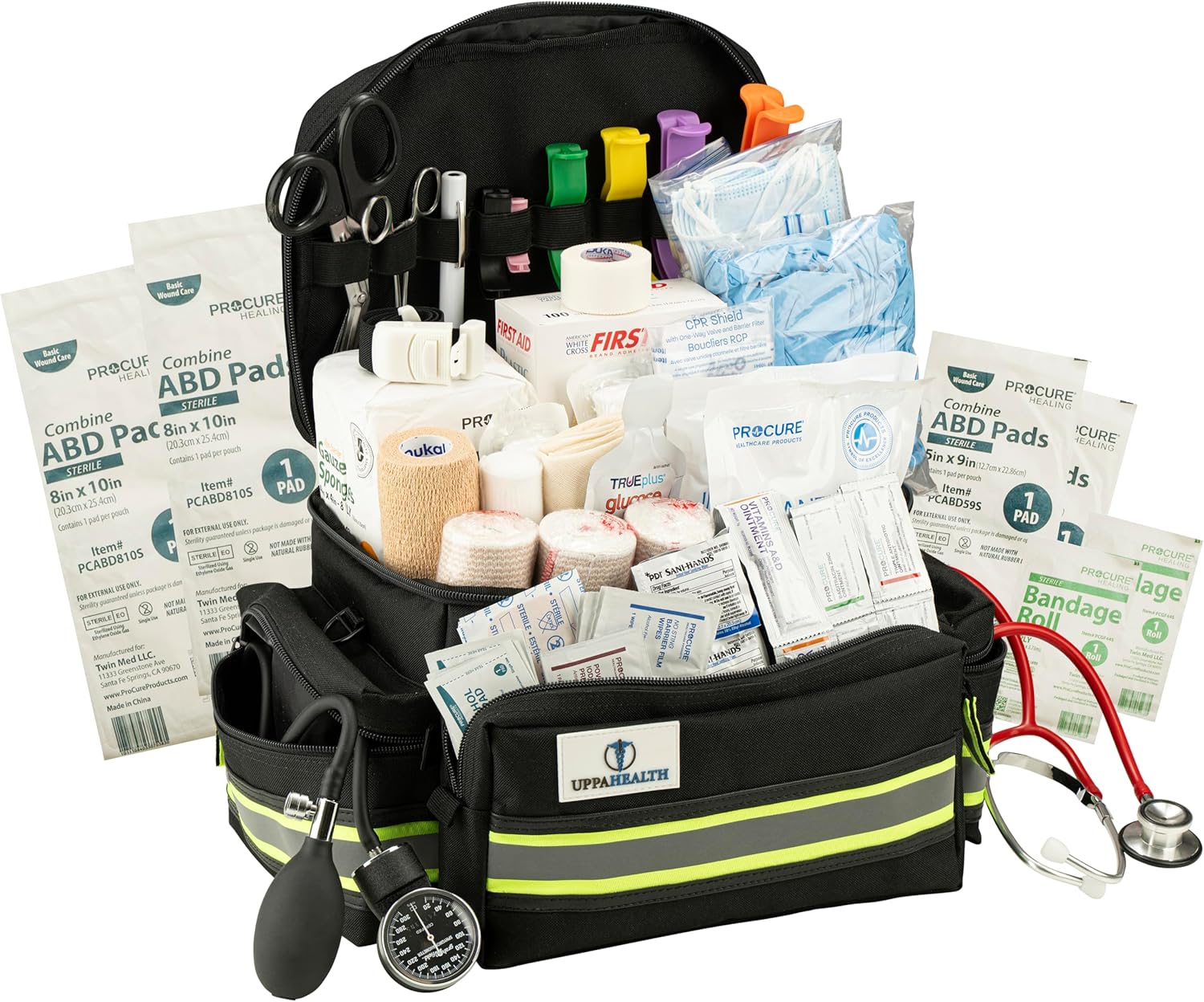 First Responder Fully Stocked Trauma First Aid Kit – EMT/EMS Emergency Medical Bag with 400+ Supplies for Home, Car, Workplace & Camping (Black)