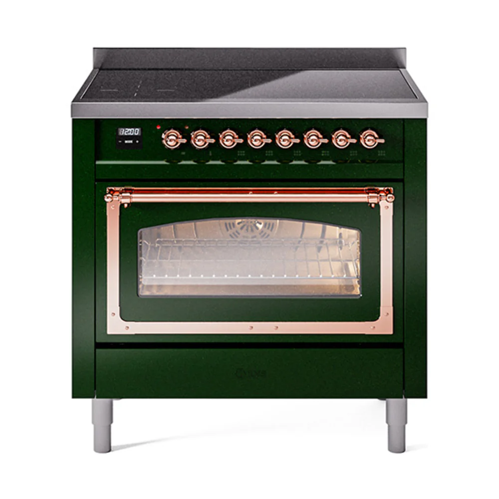 ILVE Nostalgie II Noblesse 36-Inch Induction Range with Triple Glass Door in Emerald Green with Copper Trim (UNI366NMPEGP)