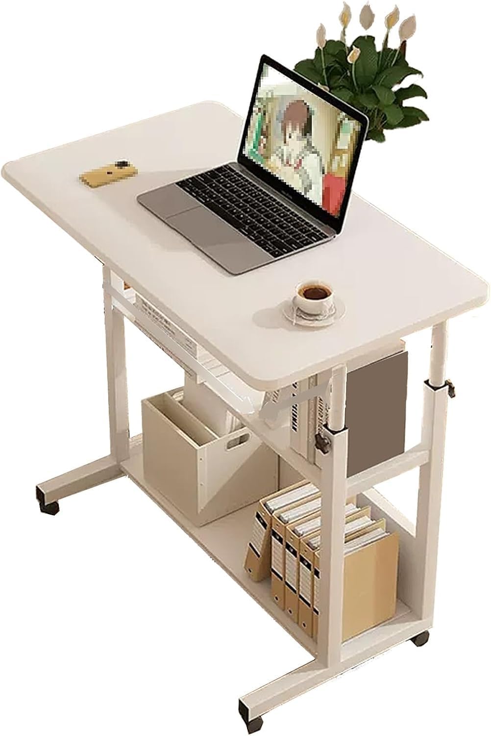 Over Bed Table with Wheels Adjustable Height Artificial Board Overbed Table, Removable Lift Bedside Table, Multi Tier Storage, Suitable for Home, Office, Hospital(White,80x50x60cm)