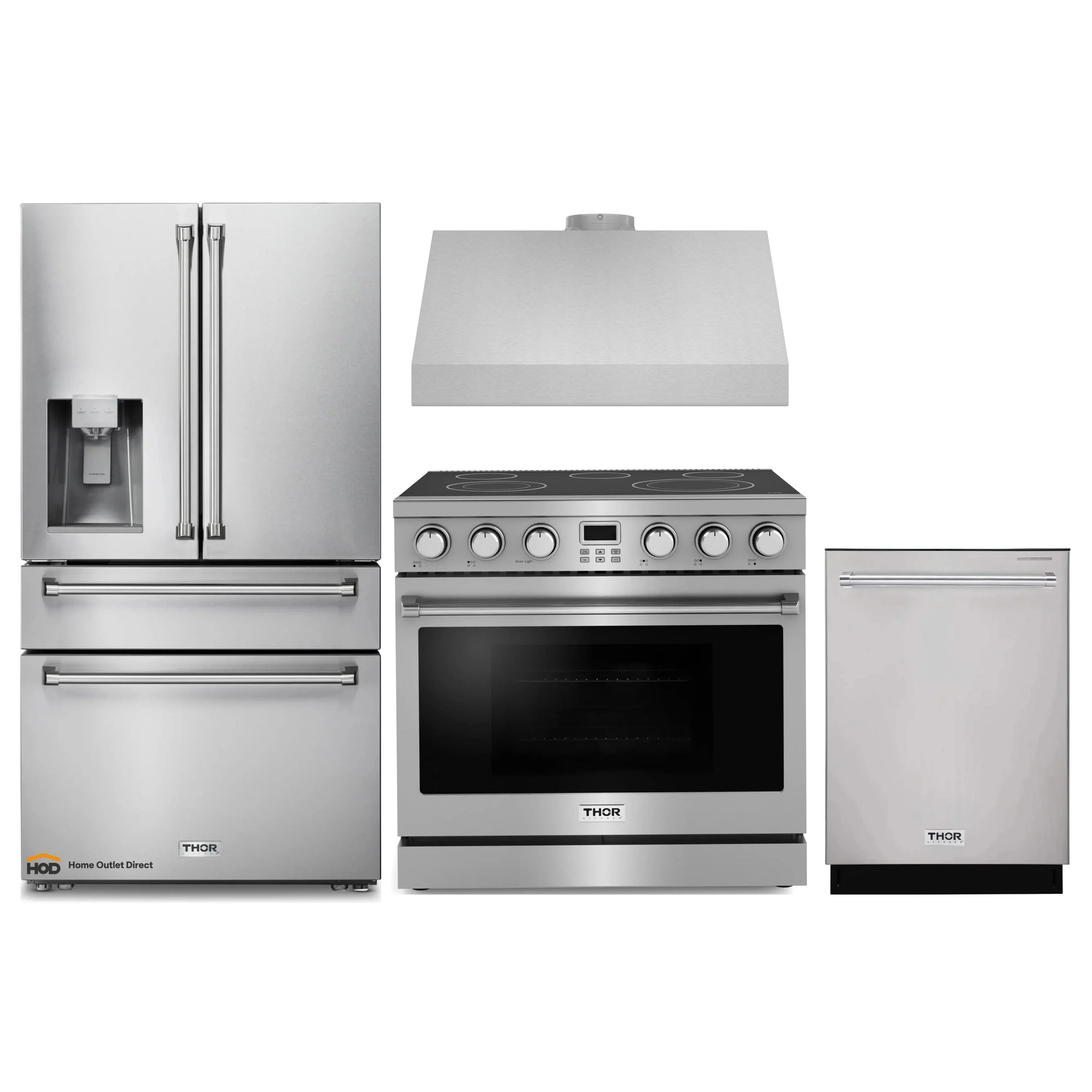 Thor Kitchen A-Series 4-Piece Appliance Package - 36-Inch Electric Range, Under Cabinet Range Hood, Refrigerator with Water Dispenser, and Dishwasher in Stainless Steel