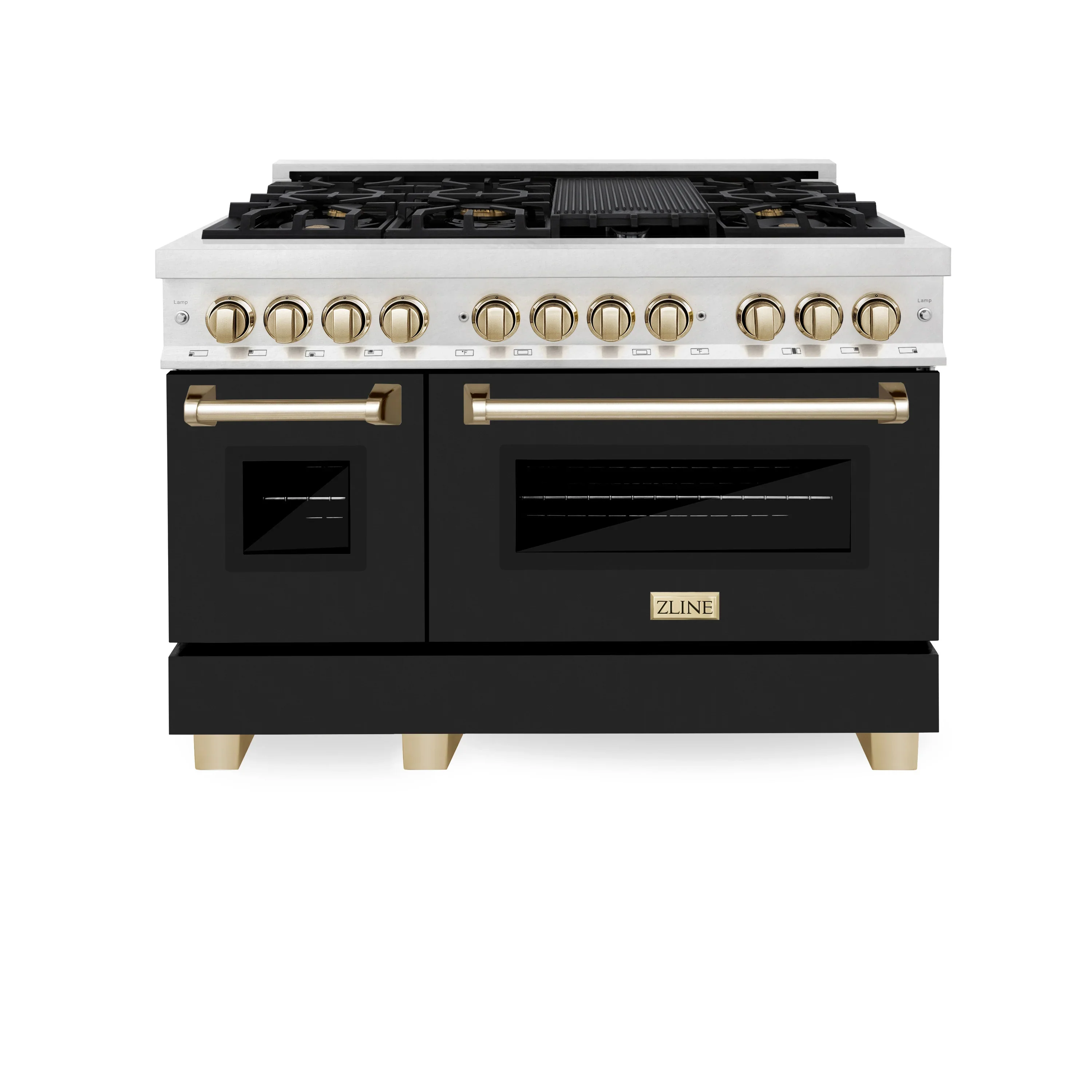 ZLINE Legacy Series Autograph Edition 48-inch Dual Fuel Range with Gas Stove and 6.0 Cu. Ft. Electric Oven in Fingerprint Resistant DuraSnow® Stainless Steel with Black Matte Door and Polished Gold Accents (RASZ-BLM-48-G)