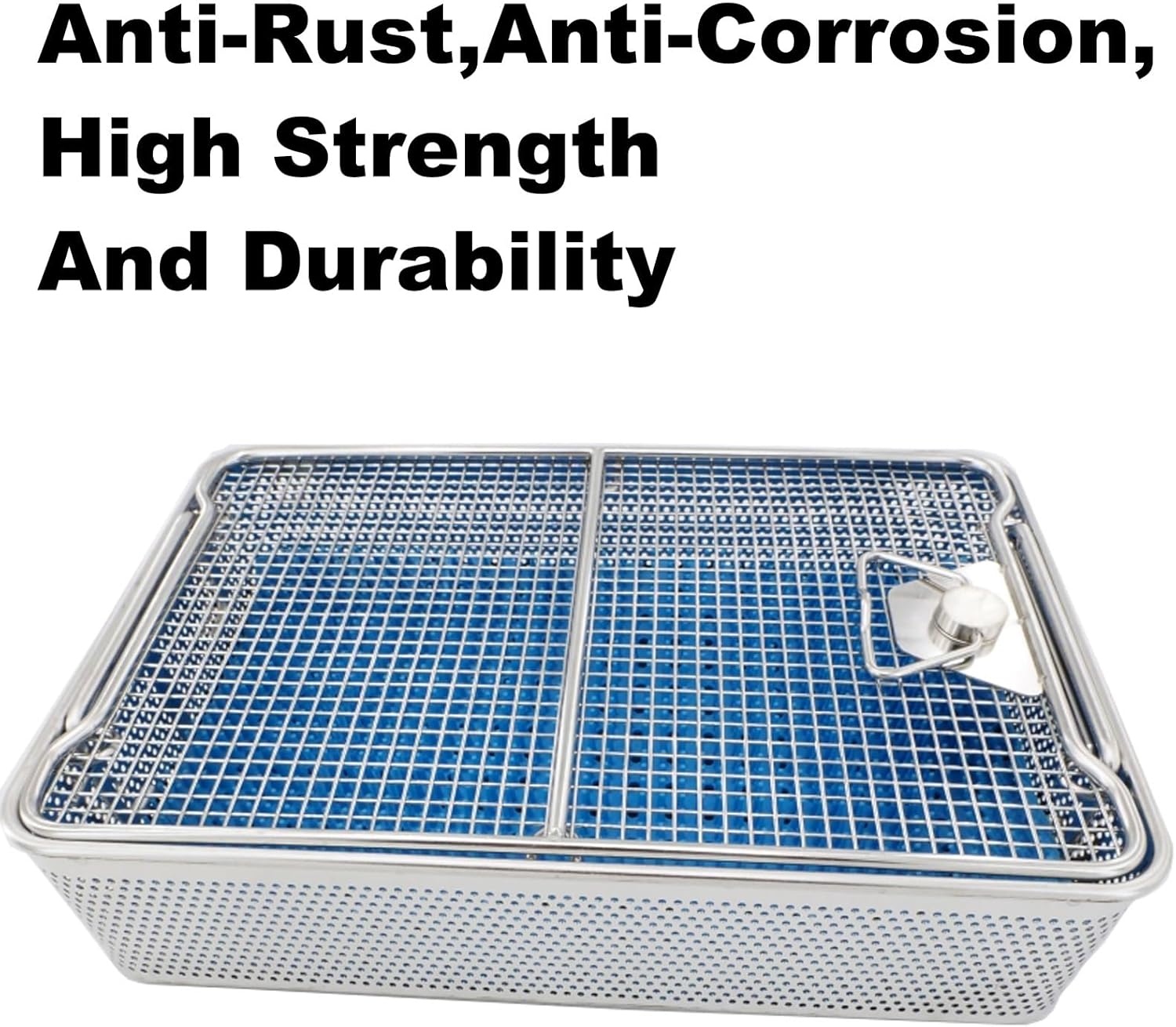 304 Stainless Steel High Temperature And High Pressure Sterilization Basket With Lid, Medical Surgical Instrument Sterilization Box, Equipped With Silicone Pad(15.7in*9.8in*2.8in)
